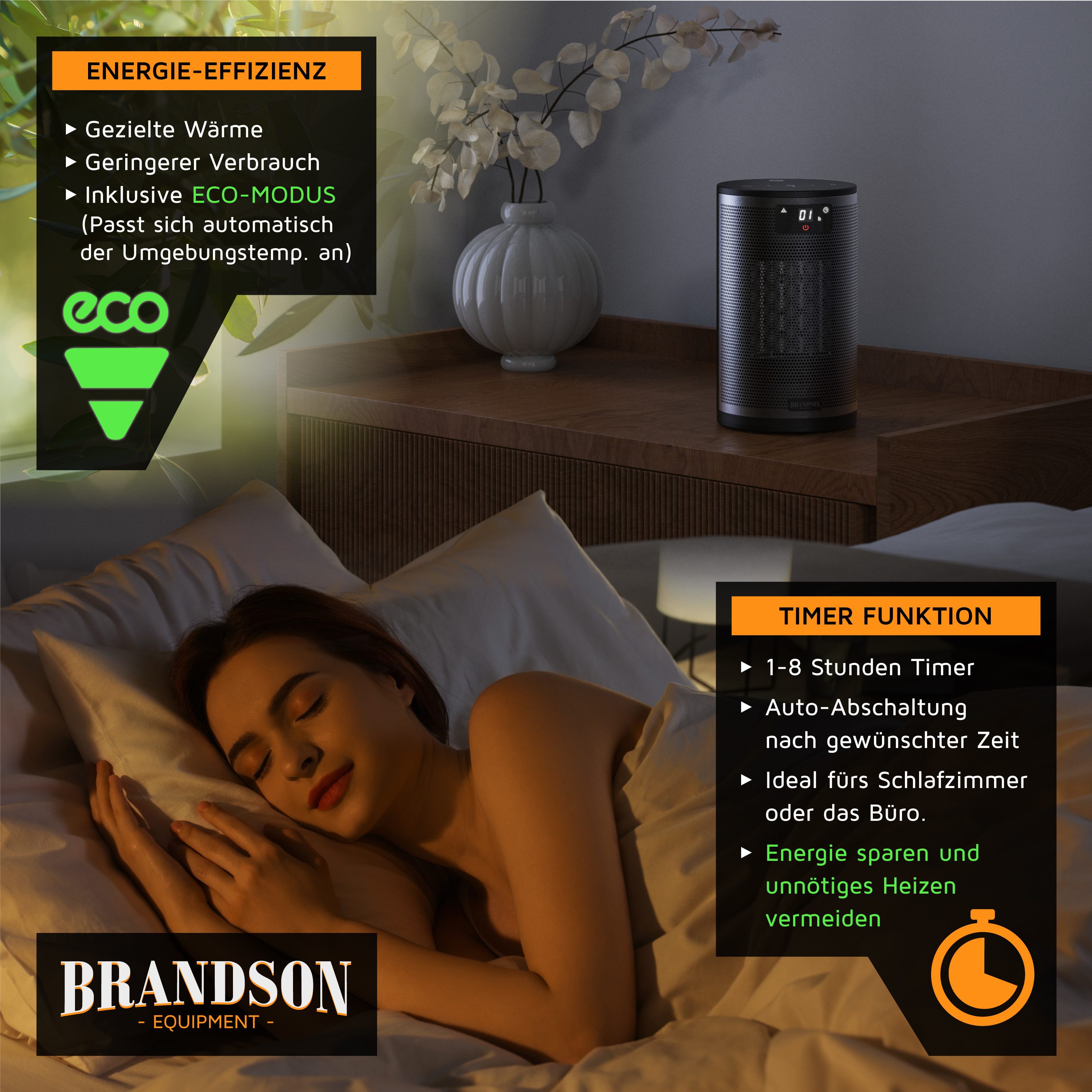 Brandson Heizlüfter Keramik Heizgerät, 2 Heizstufen, ECO-Modus, Fernbedienung, kompakt, 1500 W, Preisträger 2025, Timer, 15–35 °C, Tastensperre, Überhitzungssch – Bild 5 von 5