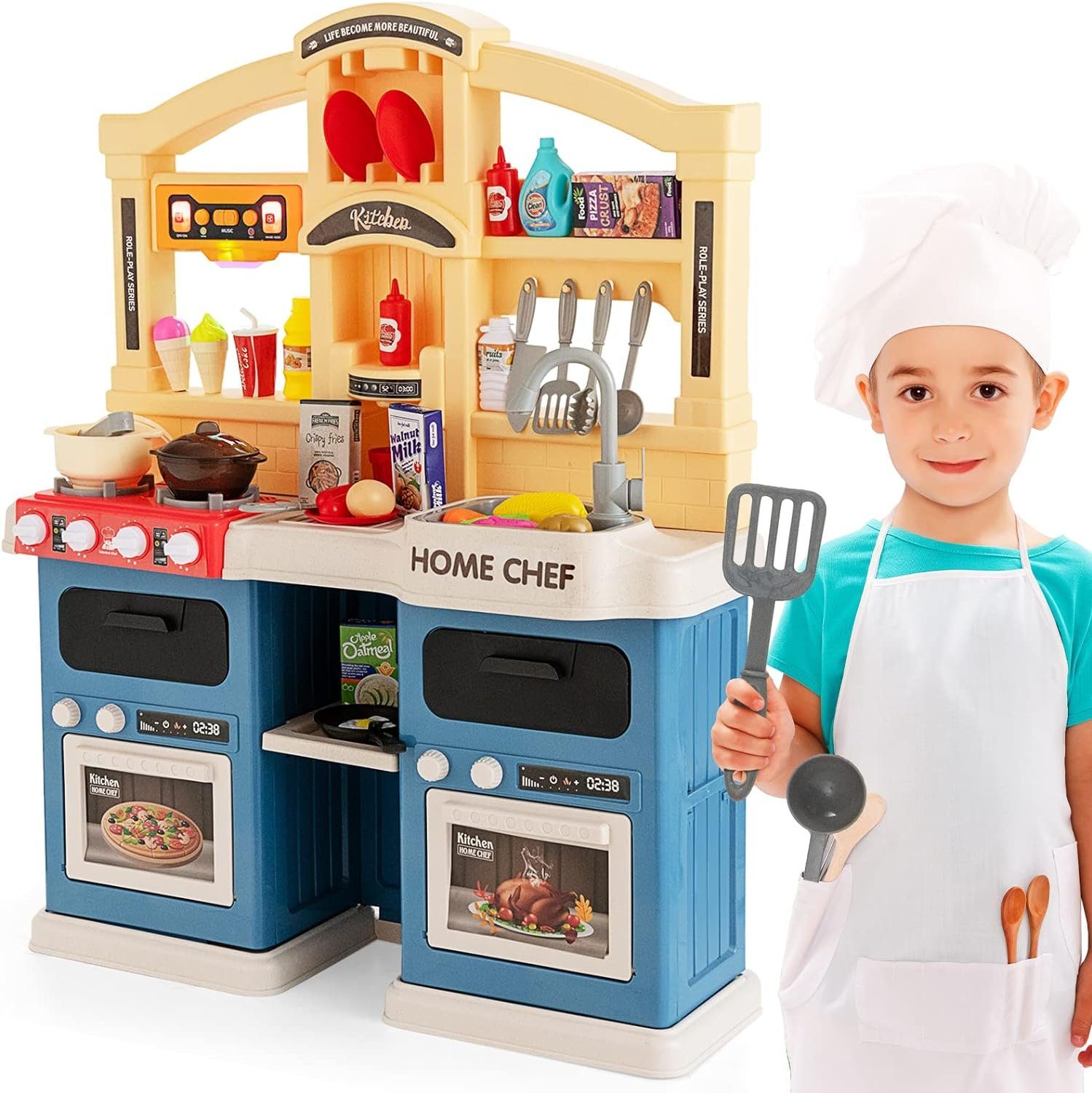 KOMFOTTEU Spielküche Kinderküche, mit Herd Öfen für Kinder ab 3 Jahren