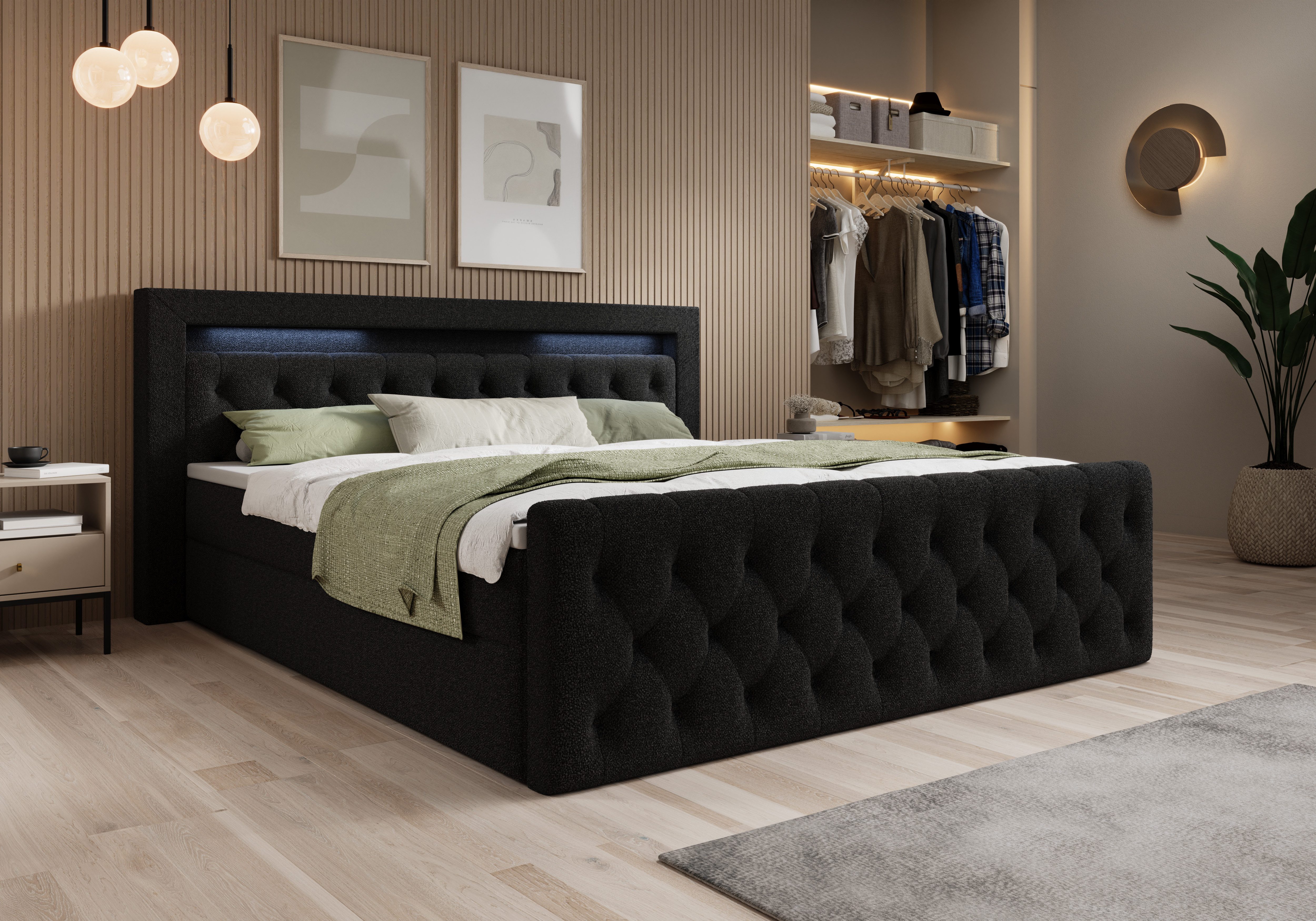 thematys Boxbett LED mit Bettkasten 140x200–200x200 cm – Velours oder Bouclé Bezug – (Polsterbett Bonnellfederkern Matratze H3 + Gratis 3cm Topper, Boxbett - Luxus Doppelbett mit Stauraum und LED)