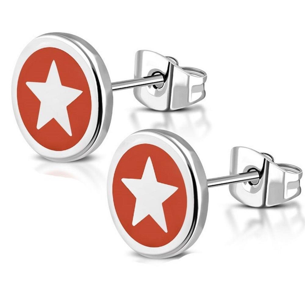 BUNGSA Ohrring-Set Ohrstecker rund mit rotem Druck verschiedene Motive Silber aus Edelsta (1 Paar (2 Stück), 2-tlg), Ohrschmuck Ohrringe silberner Stern auf rotem Hintergrund