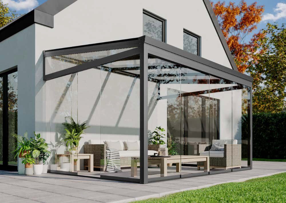 Terrassenüberdachung mit Schiebedach anthrazit 4x4 m mit Glasdach 