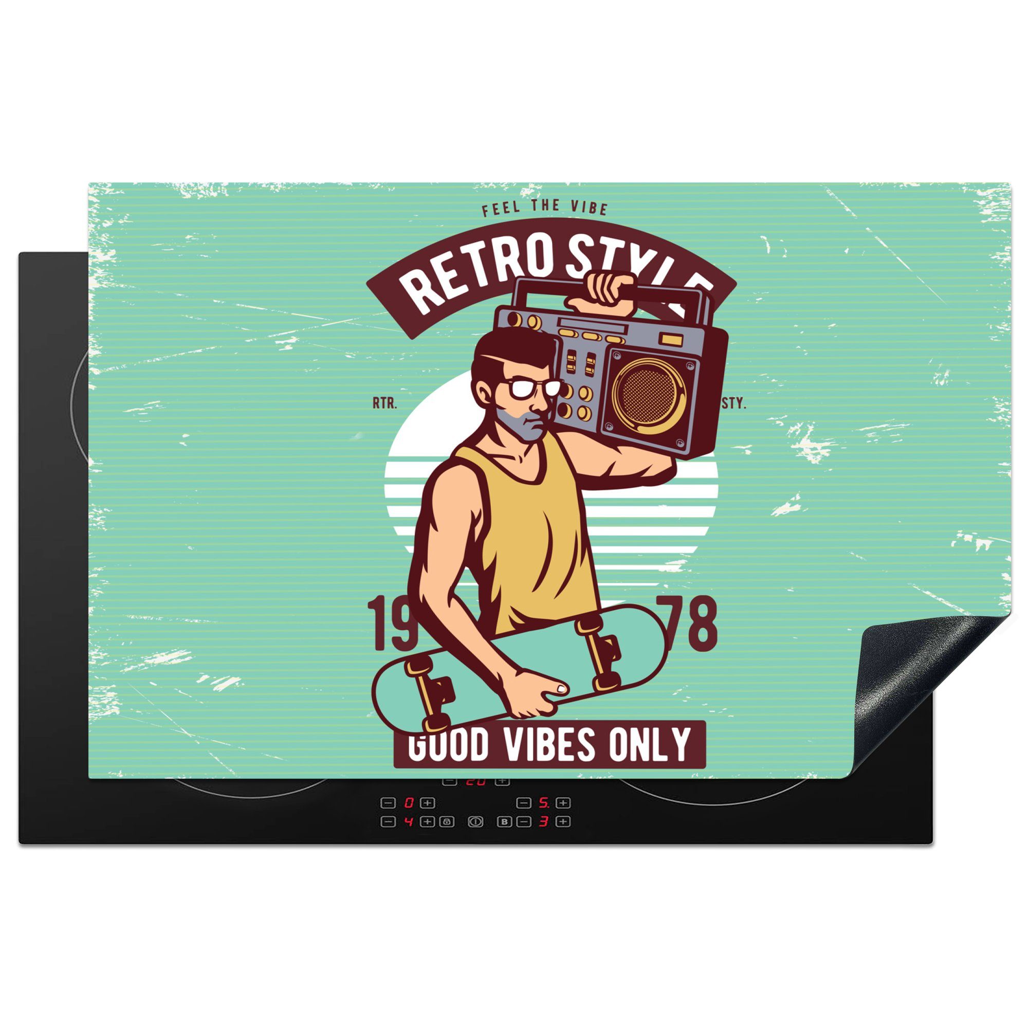MuchoWow Herdblende-/Abdeckplatte Radio - Skateboard - Mann - Altmodisch, Vinyl, (1 tlg), 81x52 cm, Induktionskochfeld Schutz für die küche, Ceranfeldabdeckung