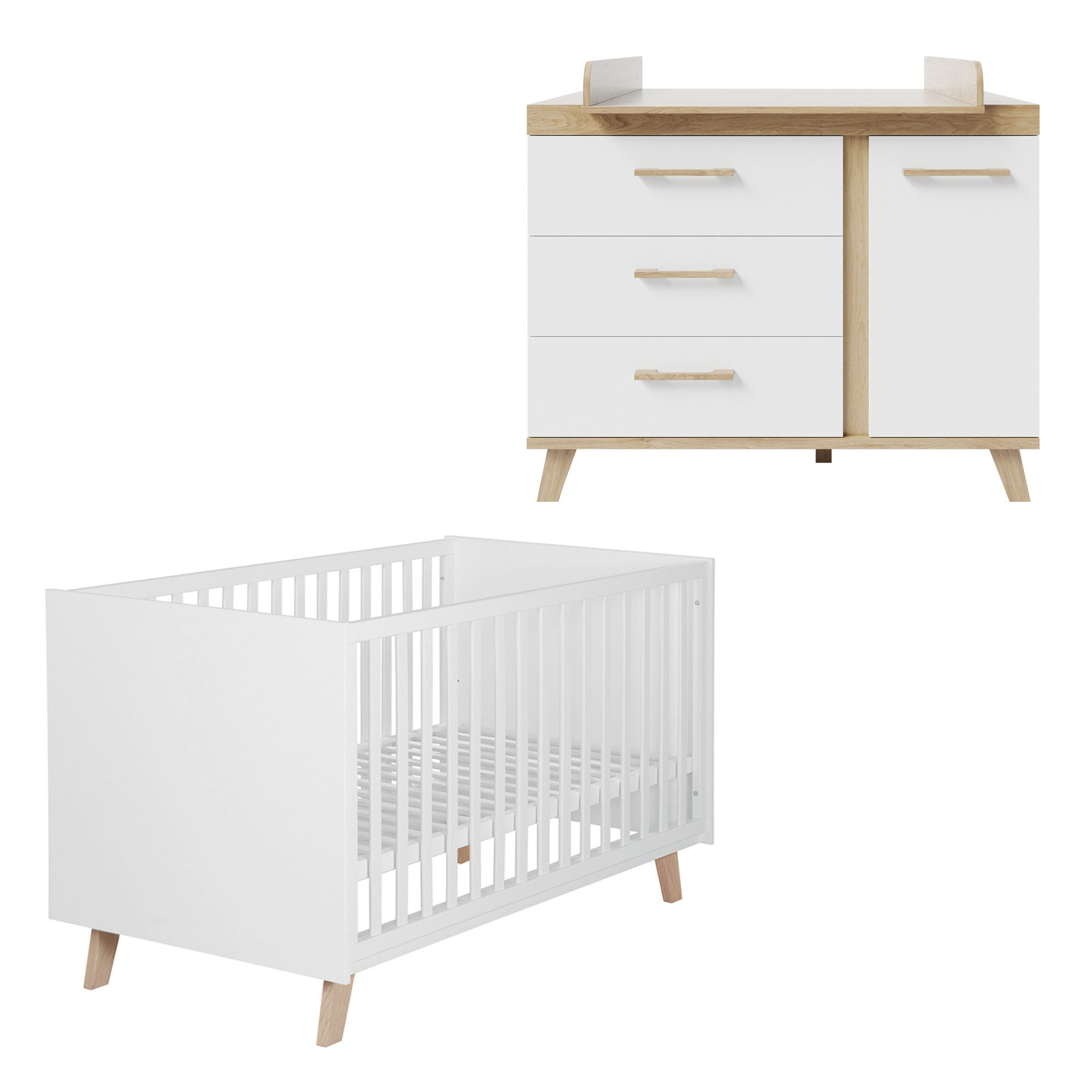 roba® Babymöbel-Set Smile, Gitterbett & Wickelkommode breit - Weiß / Eiche