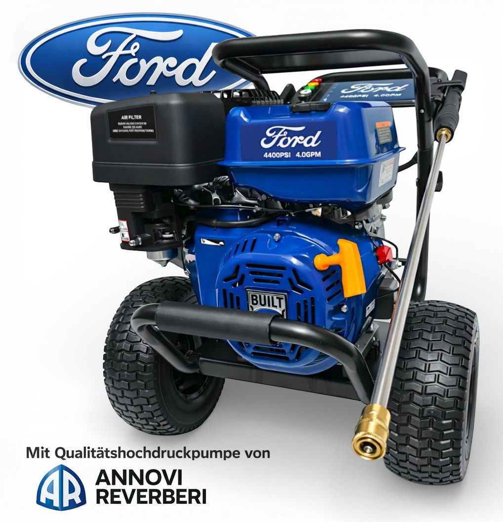 DeTec. Hochdruckreiniger Ford Benzin 13PS 303 bar 420cm³ mit 21" Flächenreiniger 52 cm, Druck max: 303 bar, Mit Triplex-Keramikpumpe von Annovi Reverberi