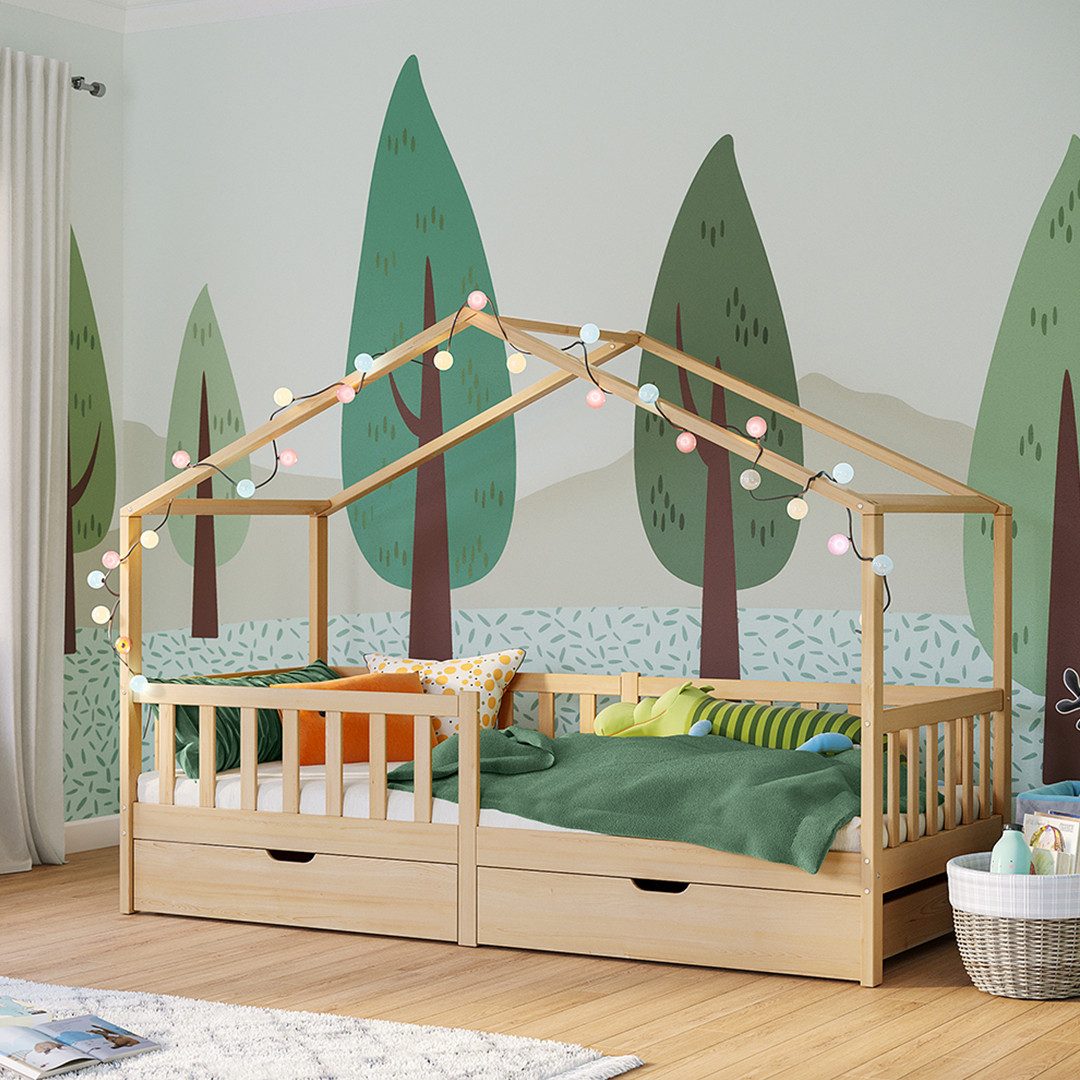 Bellabino Hausbett Bia mit Rausfallschutz & Lattenrost (natur, mit zwei Sch günstig online kaufen