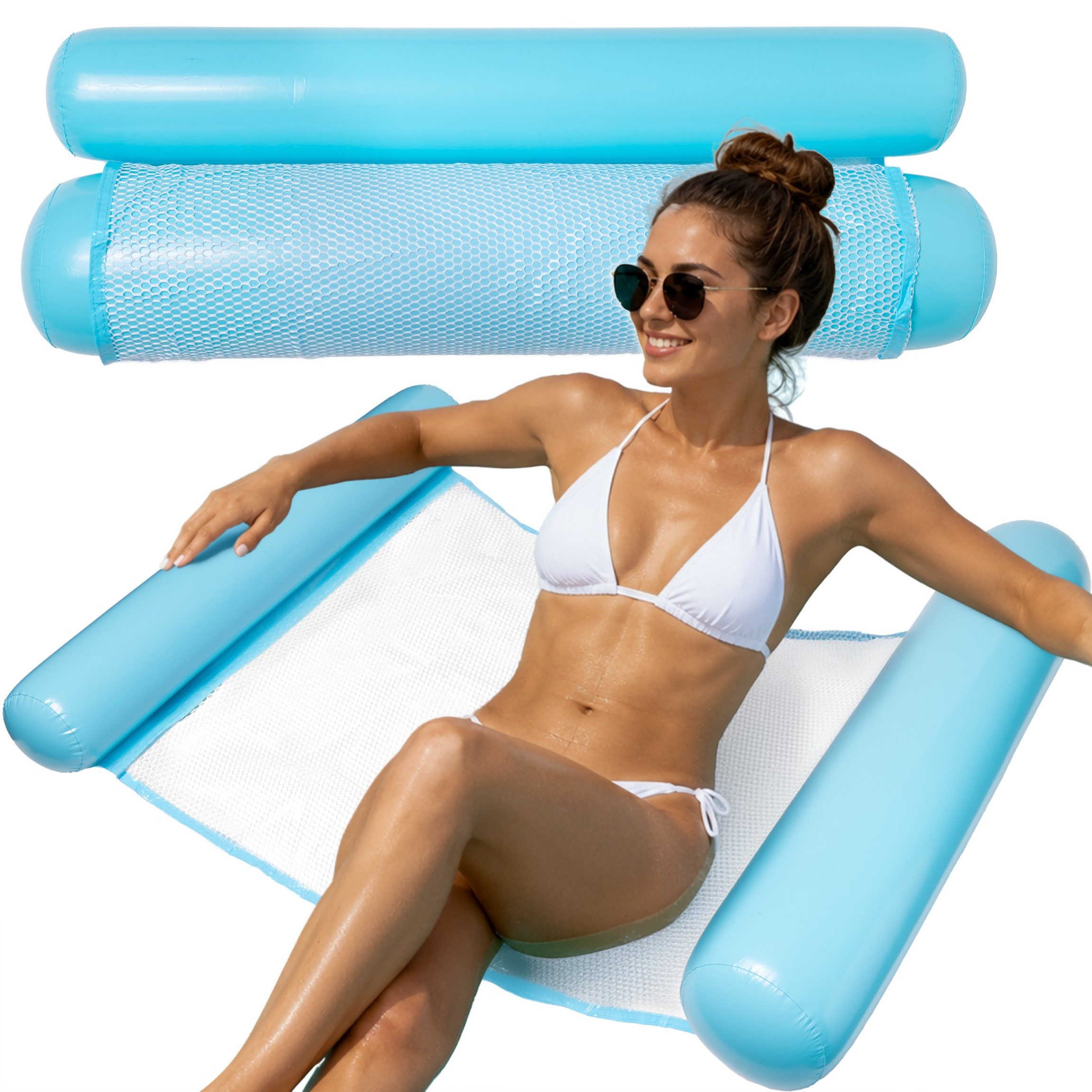 Moto Active Luftmatratze Wasserhängematte aufblasbar Pool Luftmatratze Netz Kopfkissen Strand, (Wasserhängematte Badeinsel in 3 Farben, 1-St., 120x70cm), Netzfläche Kopfkissen Pool Strand