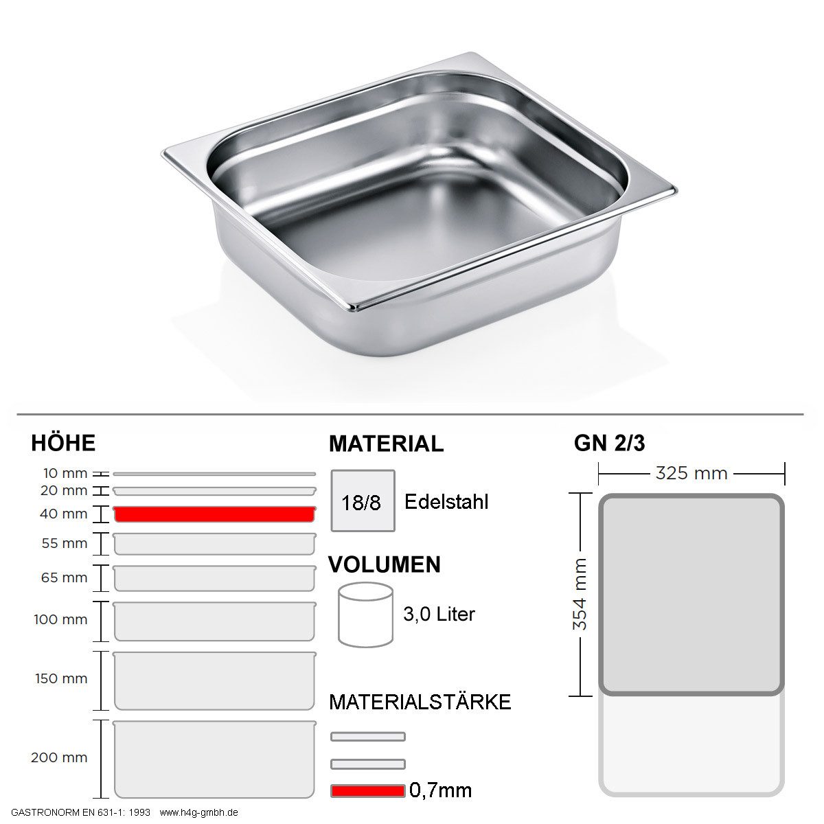 WAS Thermobehälter Gastronorm Behälter GN 2/3 - 40mm - GN90 - 18/8 Edelstahl - 0,7mm, Edelstahl