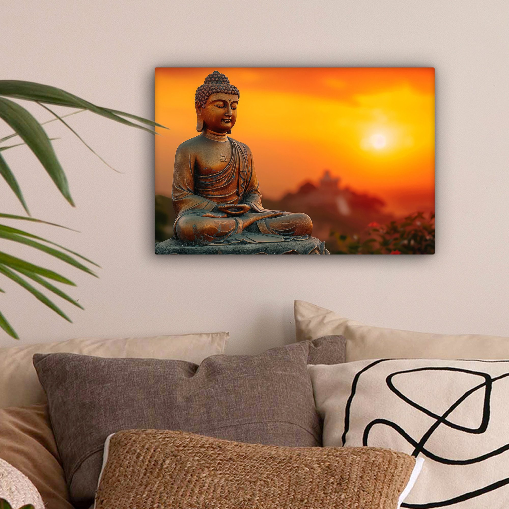 OneMillionCanvasses® Leinwandbild Buddha - Bild - Sonnenuntergang - Buddha - Zen - Japan, Fotodruck (1 St), Leinwand Bilder Klein, Wand Dekoration Aesthetic 30x20 cm
