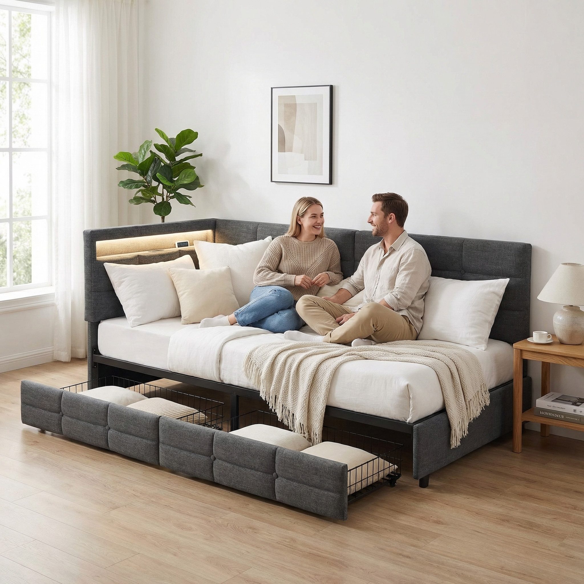 Gdood Polsterbett Daybett Jugendbett Tagesbett (1-tlg., 2 Schubladen, Geeignet für Jungen und Mädchen), Mit LED-Beleuchtung, Ladefunktion, Leinen, 90x200 cm