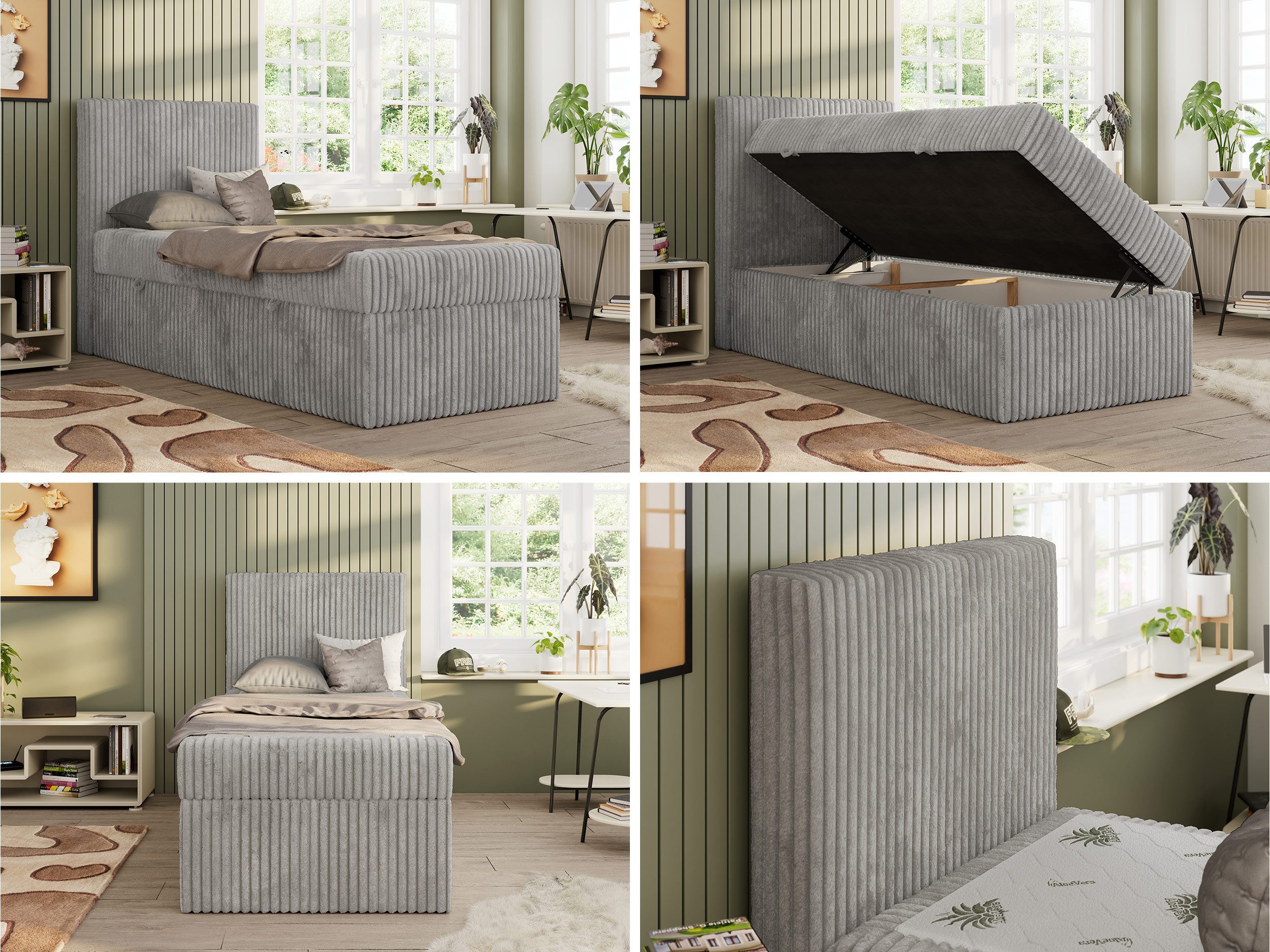 MKS MÖBEL Jugendbett TILIO (Set, T30 Schaum, 7 Härtezonen), Jugendbett 90x200, Stauraum, hohe Kopfteil, Multipocket-Matratze
