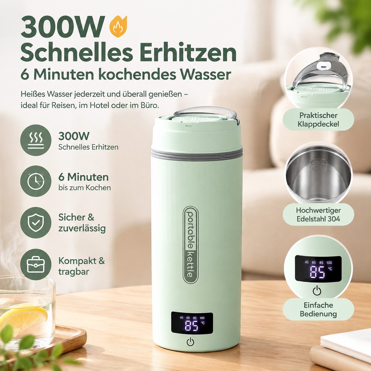 Fyrove Wasserkocher Mini Reisewasserkocher 400ml mit Temperaturanzeige, 304 Edelstahl, 300 W – Bild 5 von 5