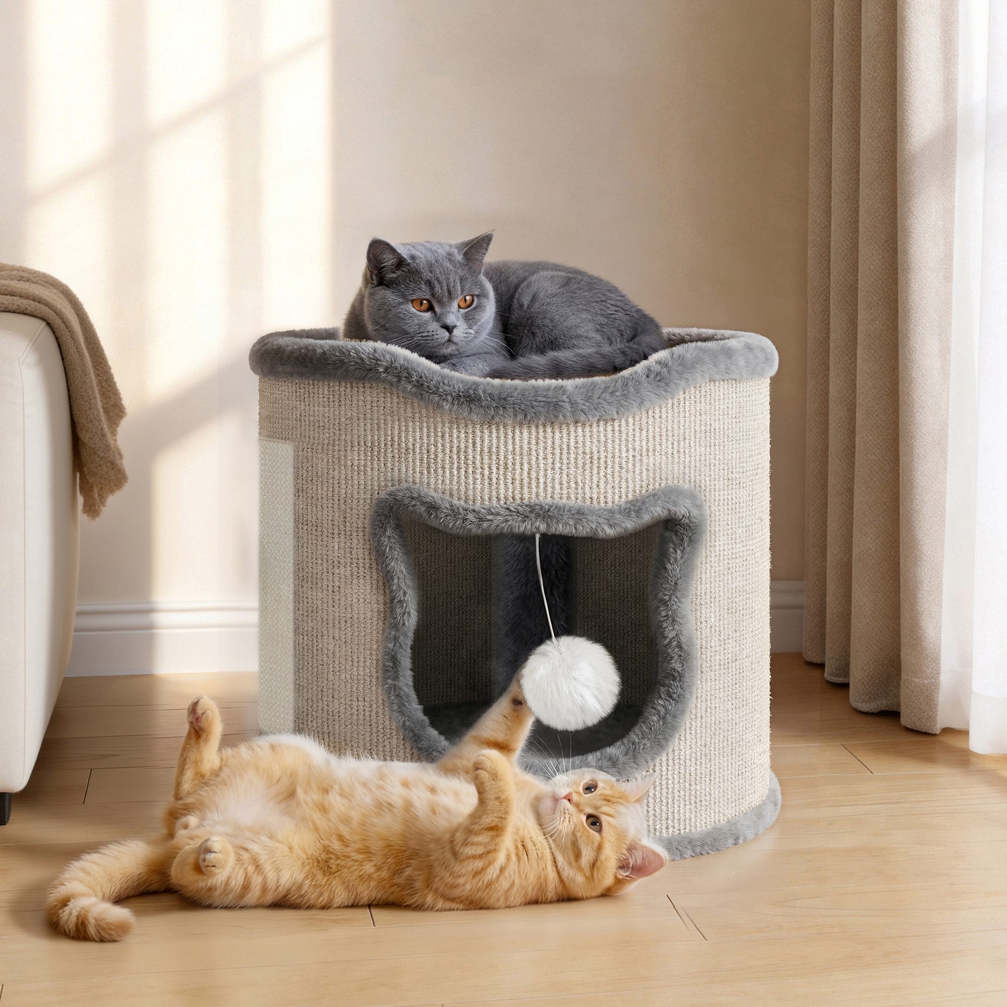 Klyvvo Katzenhaus Großes Katzenhaus, Komfortables Katzenbett, Katzenhöhle, mit Kratzbaum, Spielball, für mittelgroße große Katzen, einlagig