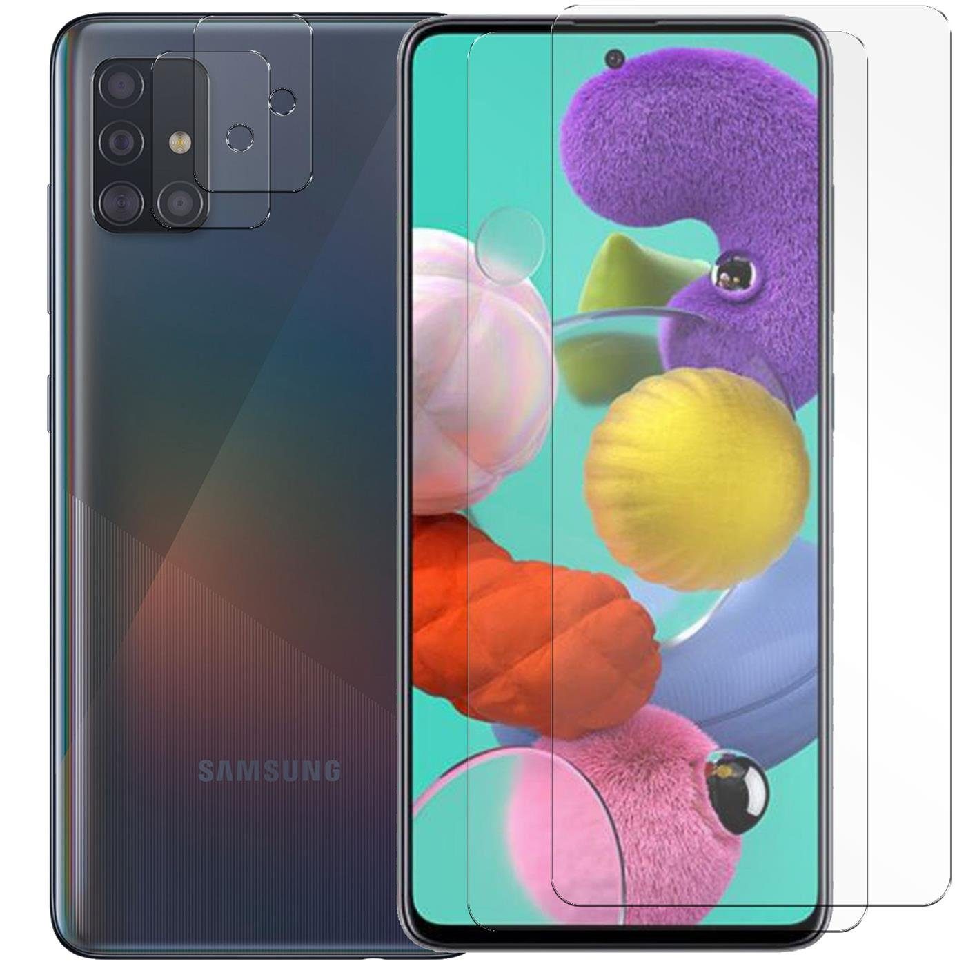 CoolGadget Schutzfolie Panzerfolie für Samsung A51, (Spar-Set 4in1, 2x Displayschutz, 2x Kameraschutz), Panzerglas Schutzfolie für Samsung Galaxy A51 Folie
