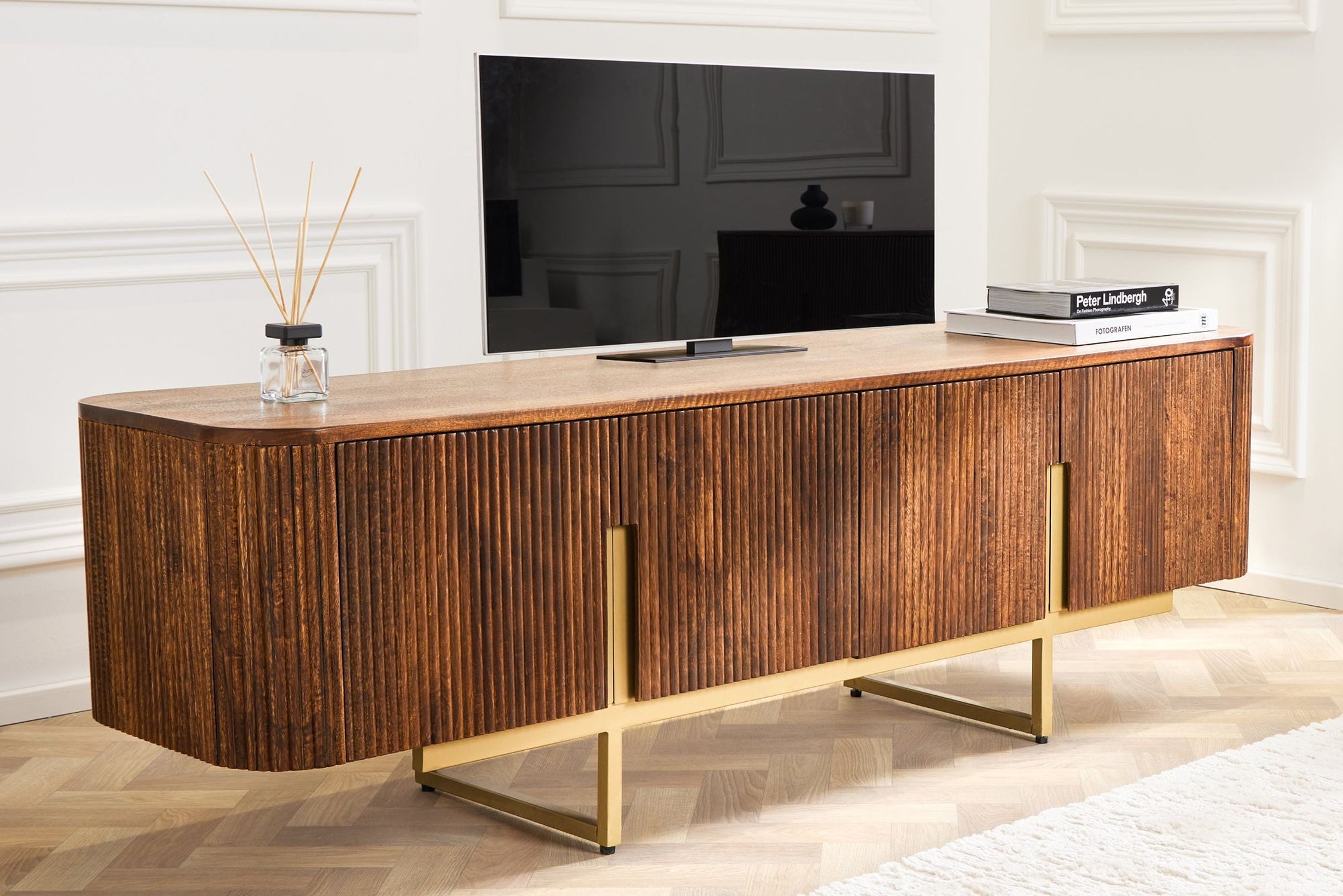 Licht-Erlebnisse TV-Board ANTONIO, 160 cm Mangoholz Metall Art Déco Design Mehrzweck Beistell Schrank