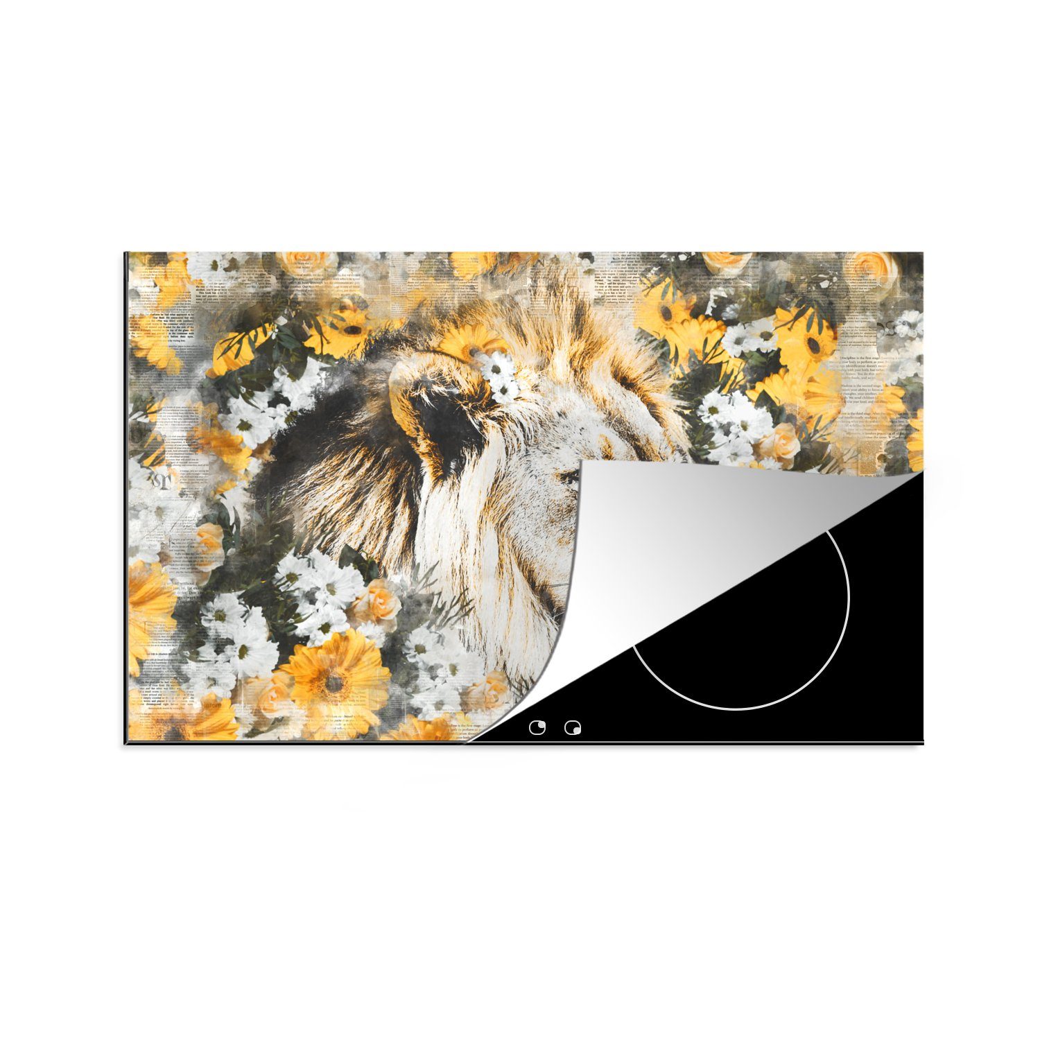 MuchoWow Herdblende-/Abdeckplatte Löwe - Blumen - Schwarz - Weiß, Vinyl, (1 tlg), 81x52 cm, Induktionskochfeld Schutz für die küche, Ceranfeldabdeckung