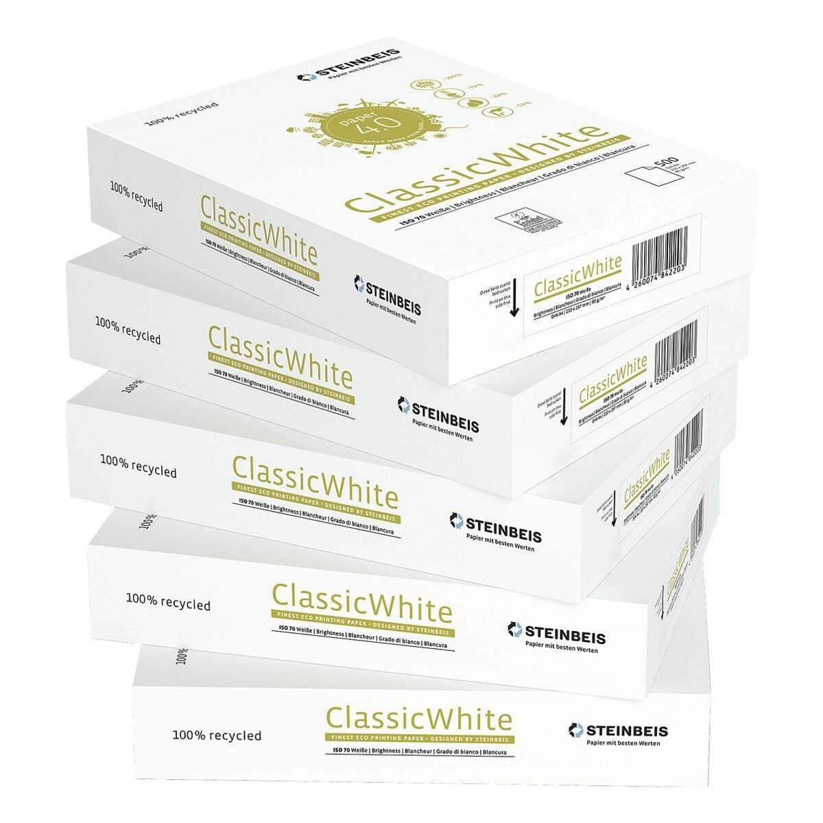 80 70 Recyclingpapier Blatt Classic DIN 500 STEINBEIS Format CIE, White, g/m², A4,