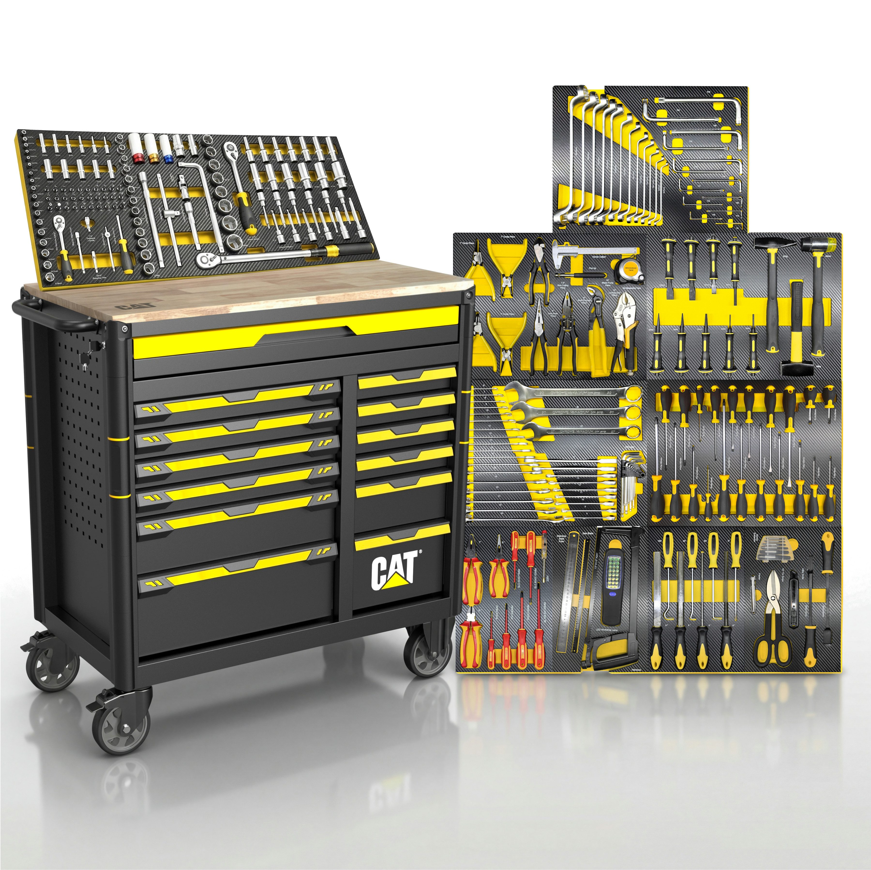 CAT Werkstattwagen Werkzeugwagen 13 Schubladen 10 gefüllt mit Profi-Werkzeug bestückt, KFZ Werkzeugkasten abschließbar, mobiler Werkzeugschrank mit Rollen
