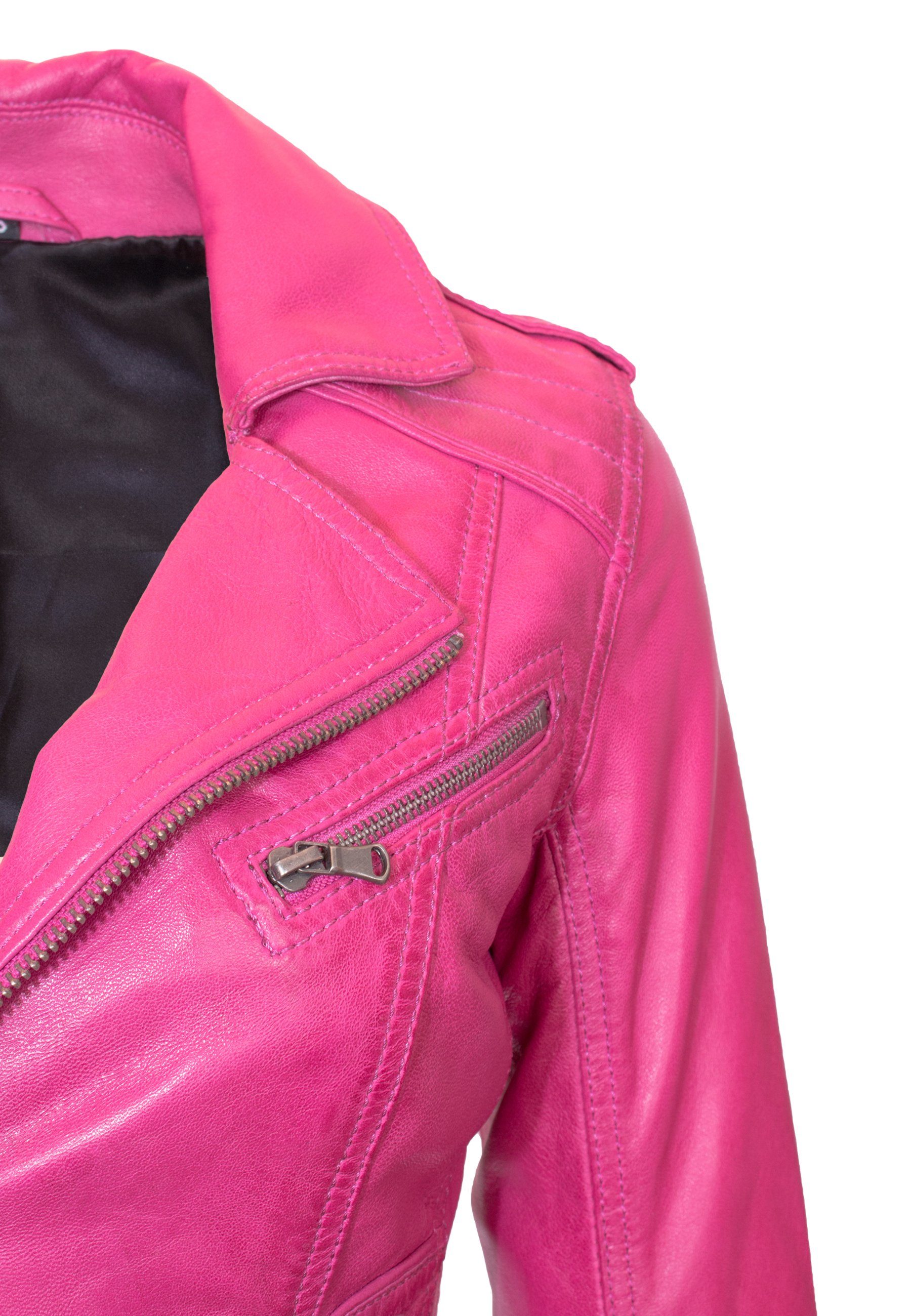 Lederjacke shocking Reverskragen Mariah Lederjacke Kurze pink Lolus Damen Biker mit