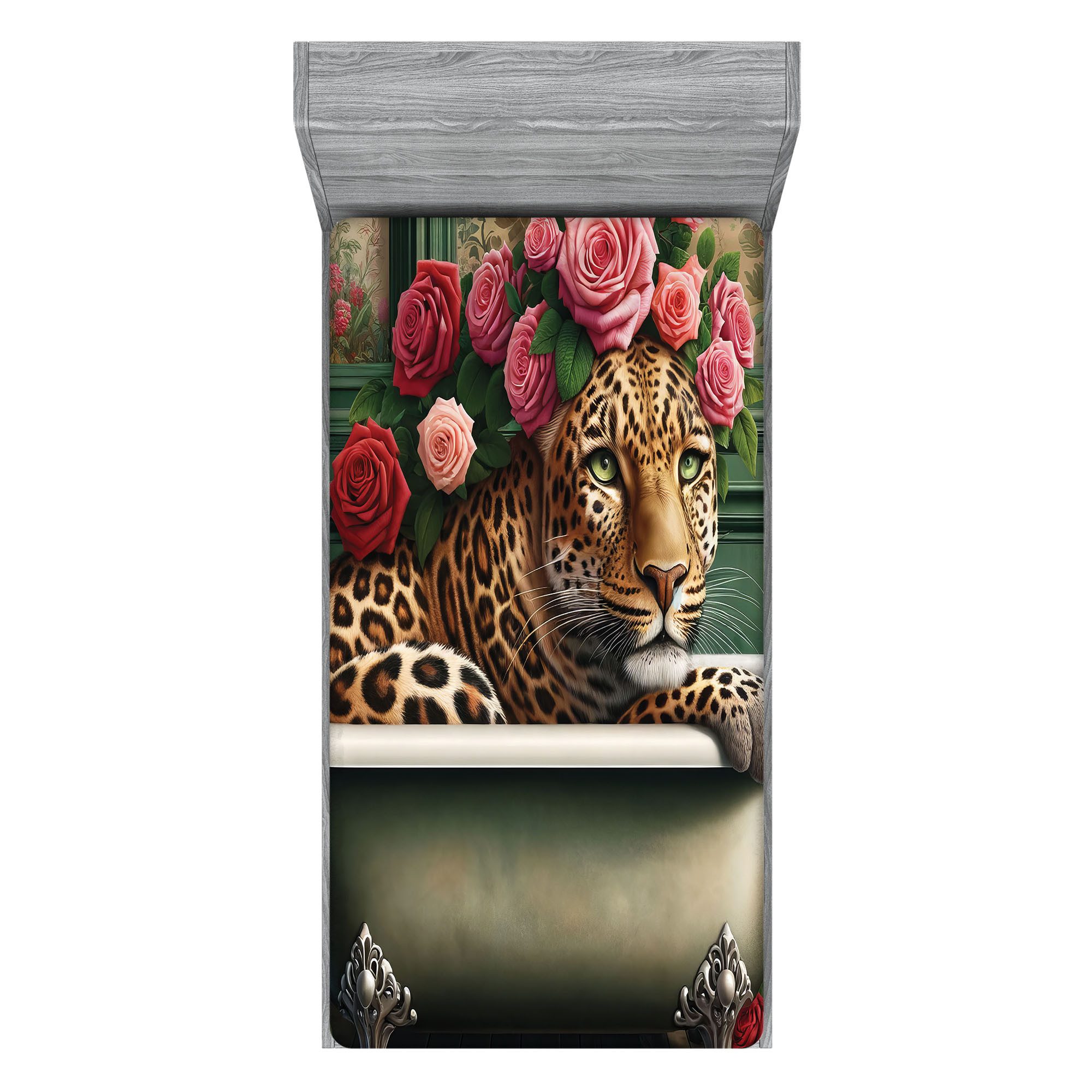 Abakuhaus Spannbettlaken Soft Dekorativer Stoff Bettwäsche Rund-um Elastischer Gummizug, Leopard Englische Rosen Wilde Tiere