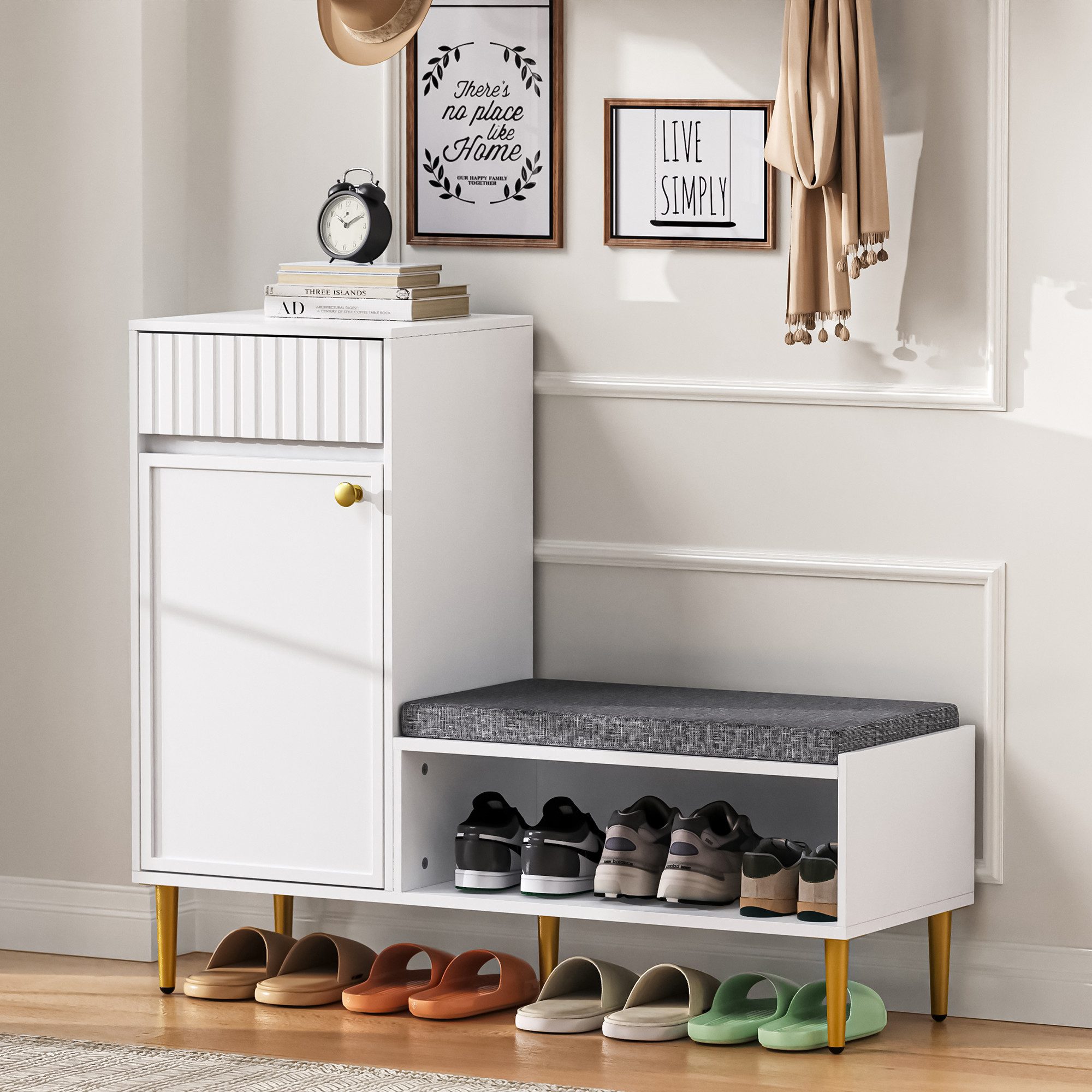 STILVORA Schuhbank mit Schublade,Schuhregal Aufwahrungsschrank mit Sitzbank&Ablagefach (Schuhschrank mit Sitzbank gepolstert, 1 Tür & 1 Schublade, offenes Fach, elegantes Design mit Goldgriffen, 1-St), mit 1 Tür, 1 Schubladen, 1 offenen Ablagefächern