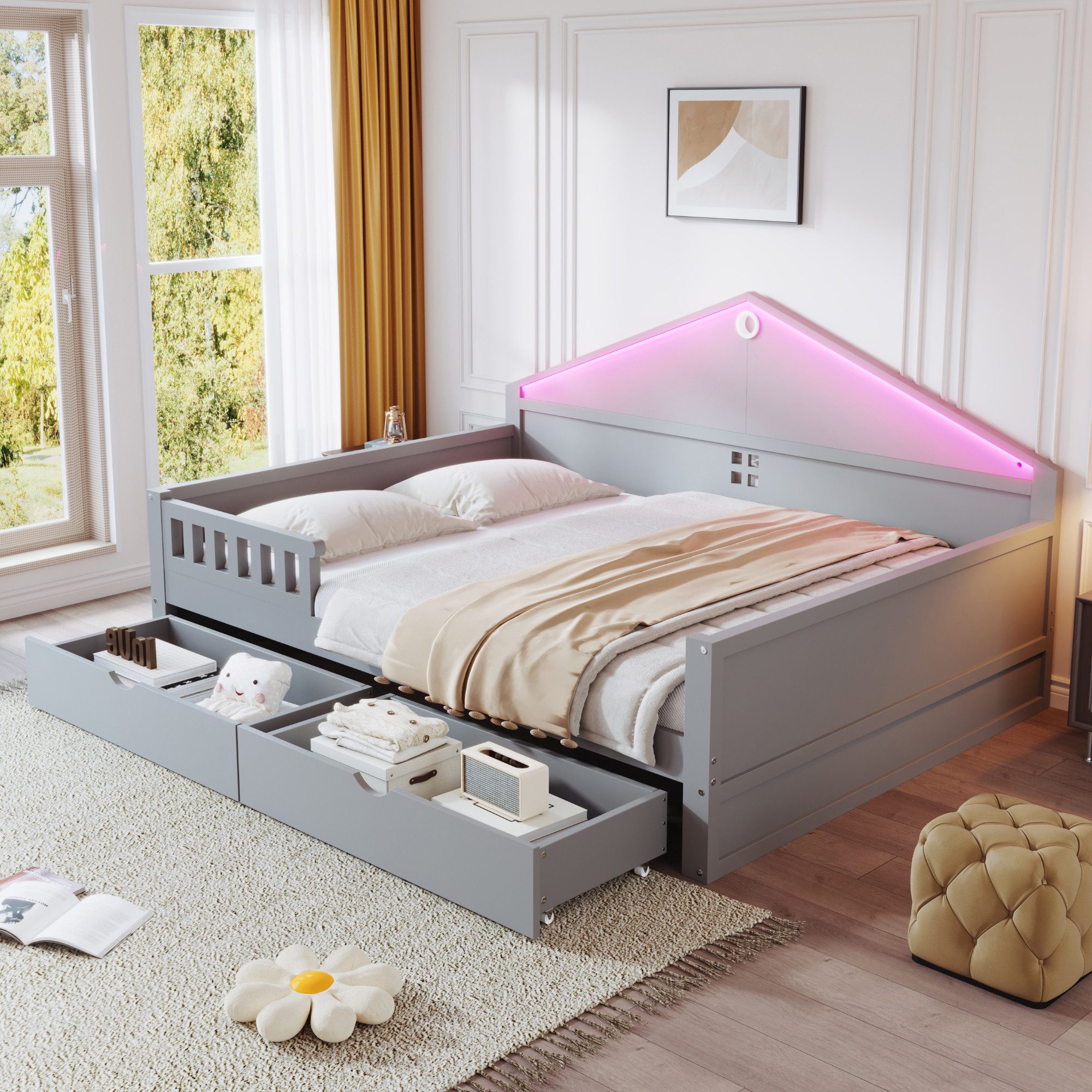 Flieks Kinderbett, Daybett Doppelbett Massivholz 140x200cm mit Lichtleiste & 2 Schubladen