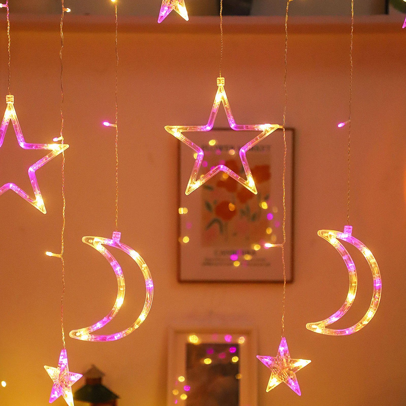 Wasserdicht, LED-Lichtervorhang Energieeinsparung Rosa LED Warmweiß Stern mit Ramadan Dekolicht,mit Mond,Batteriebetrieb, Eid Mubarak Sunicol
