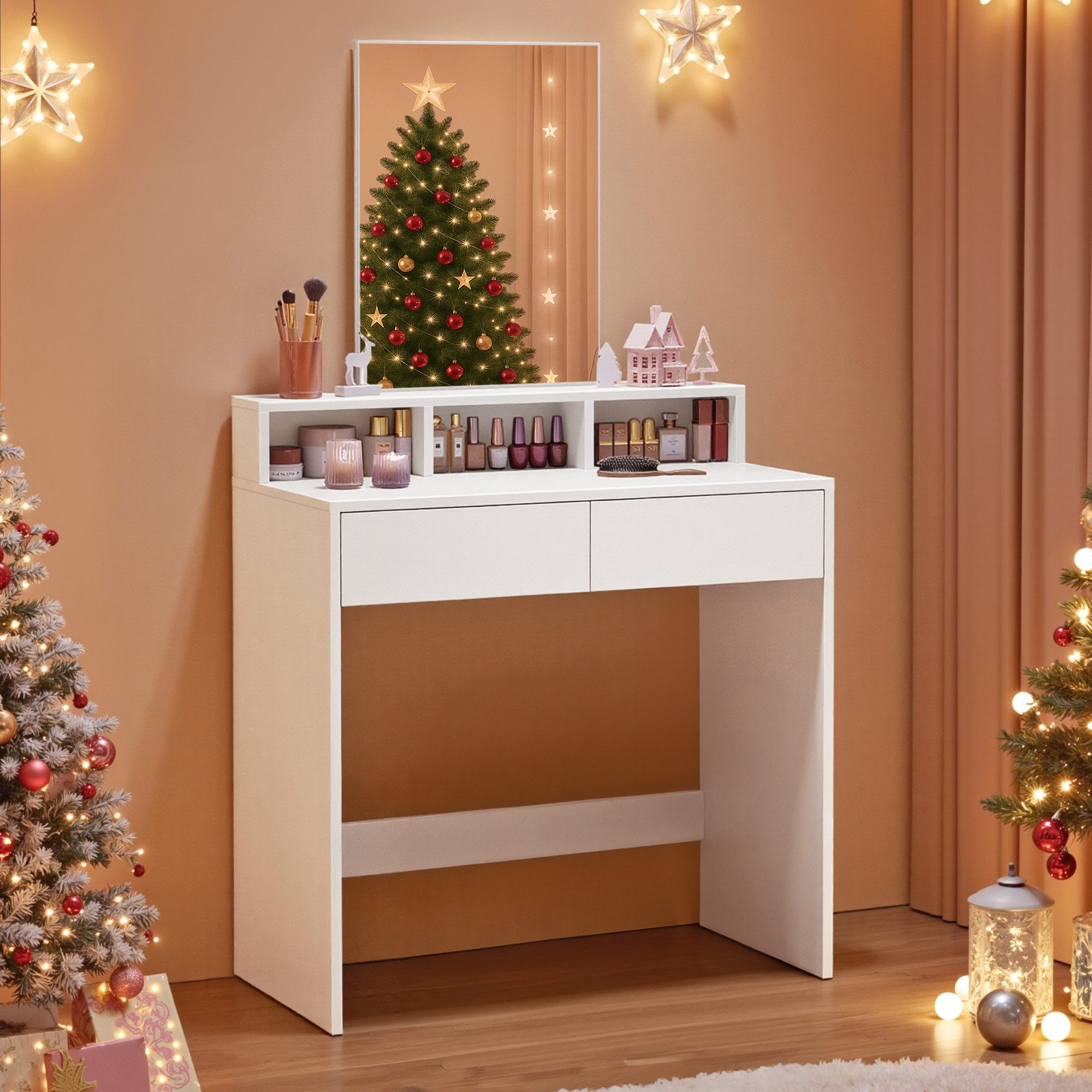 VASAGLE Schminktisch, großem Spiegel, 2 Schubladen, 3 offene Fächer, Modern