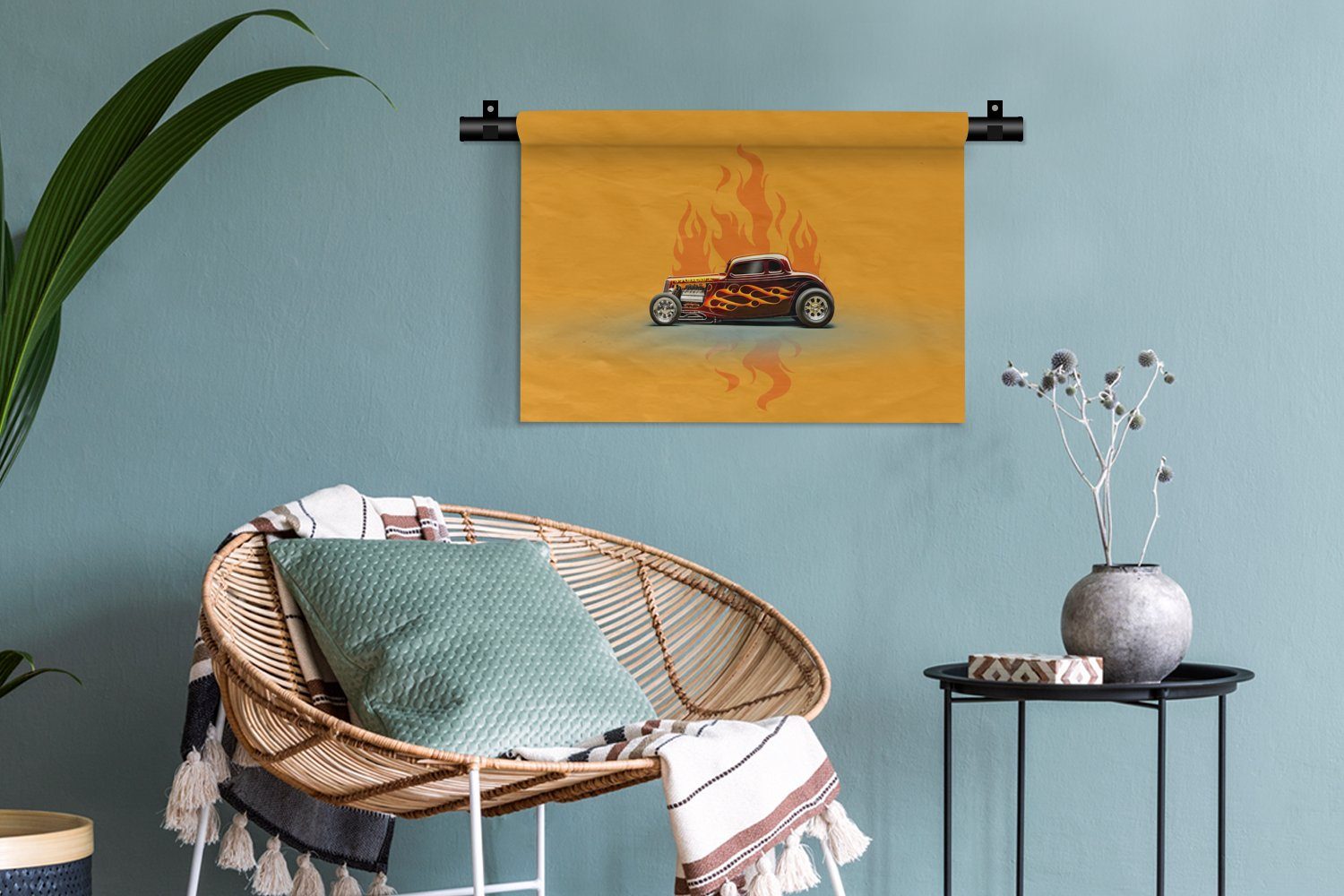 MuchoWow Wanddekoobjekt Auto - Rot Wohnzimmer, für - Wandbehang, - Schlafzimmer, Flammen Vintage, Kleid, Wanddeko Kinderzimmer