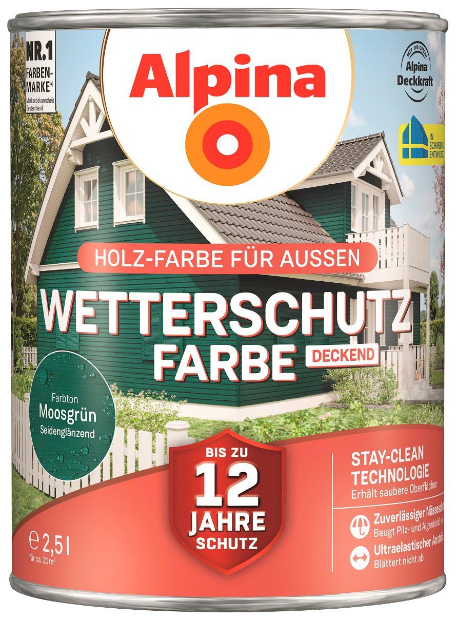 Alpina Wetterschutzfarbe Wetterschutzfarbe, deckend, seidenmatt, 2,5 Liter für ca. 21 m² Moosgrün