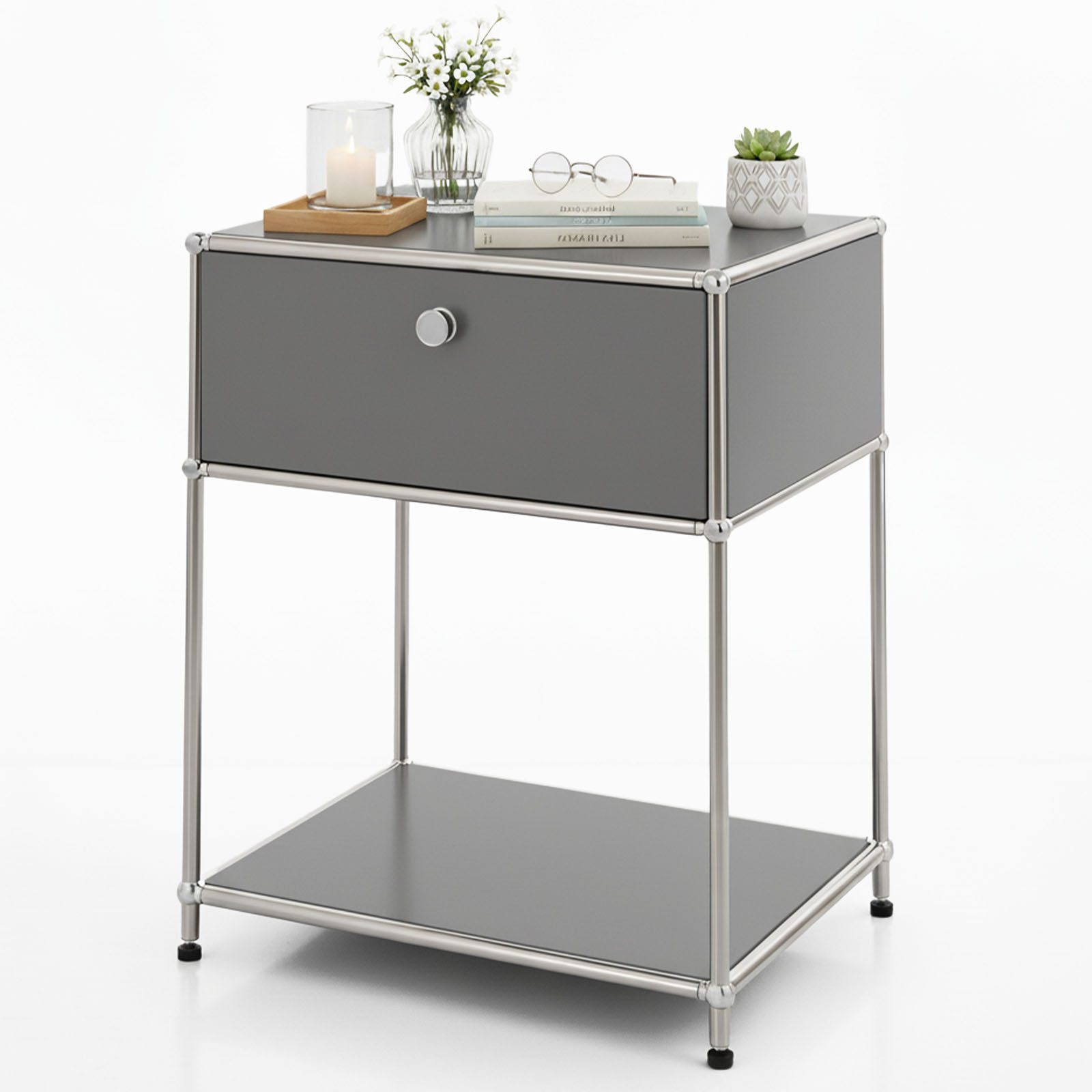 Floordirekt Beistelltisch Concept Epure MK-139, B50 × T40 × H65 cm, verschließbare Schublade (modular, kratzfeste Pulverbeschichtung), Beistellregal mit verchromtem Metallgestell, höhenverstellbare Füße