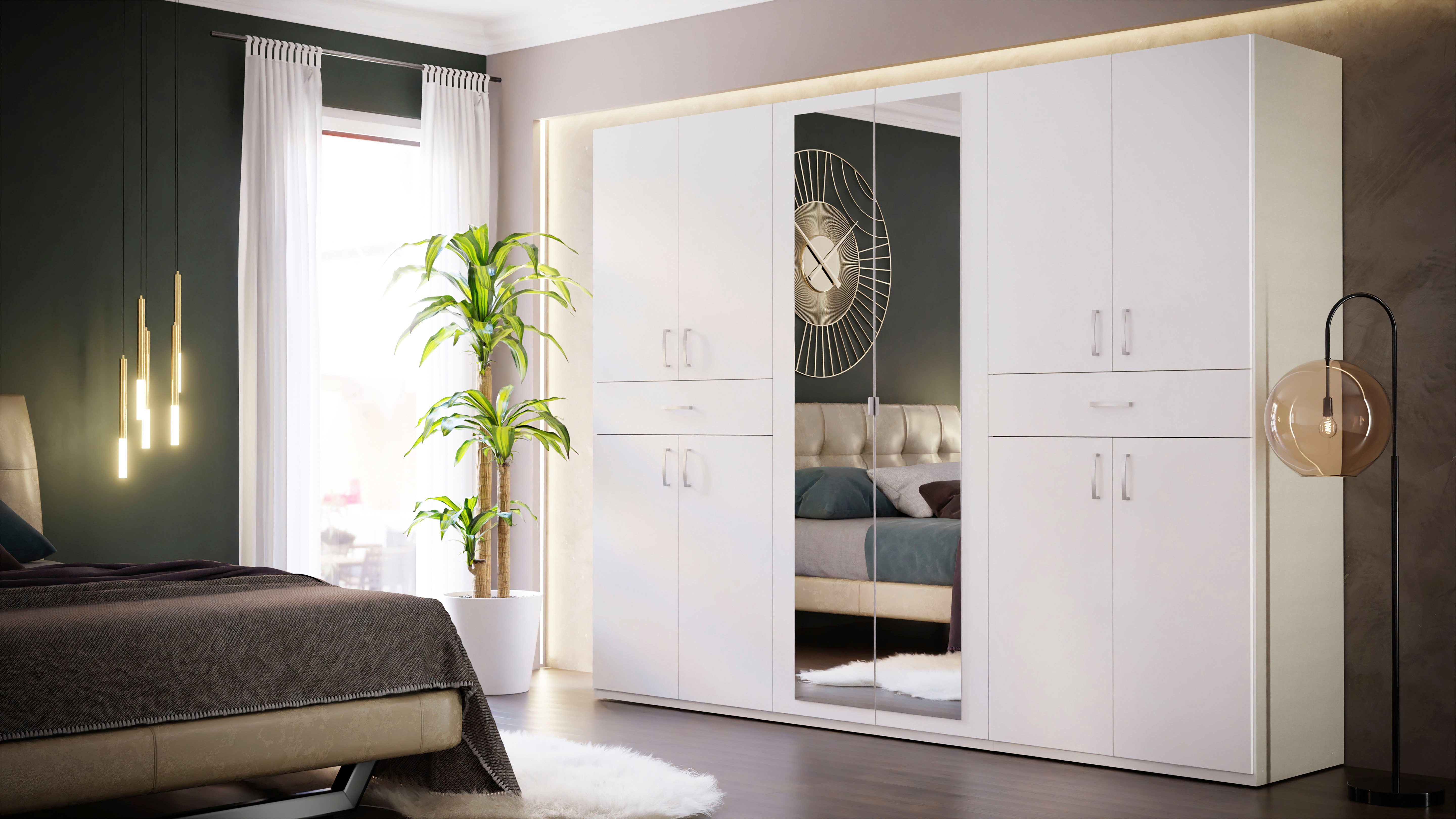 FORTE Kleiderschrank viel Stauraum, Spiegeltüren, stehende Montage B/H/T269,7/210,5/54 cm, Spiegeltüren, Schubkästen