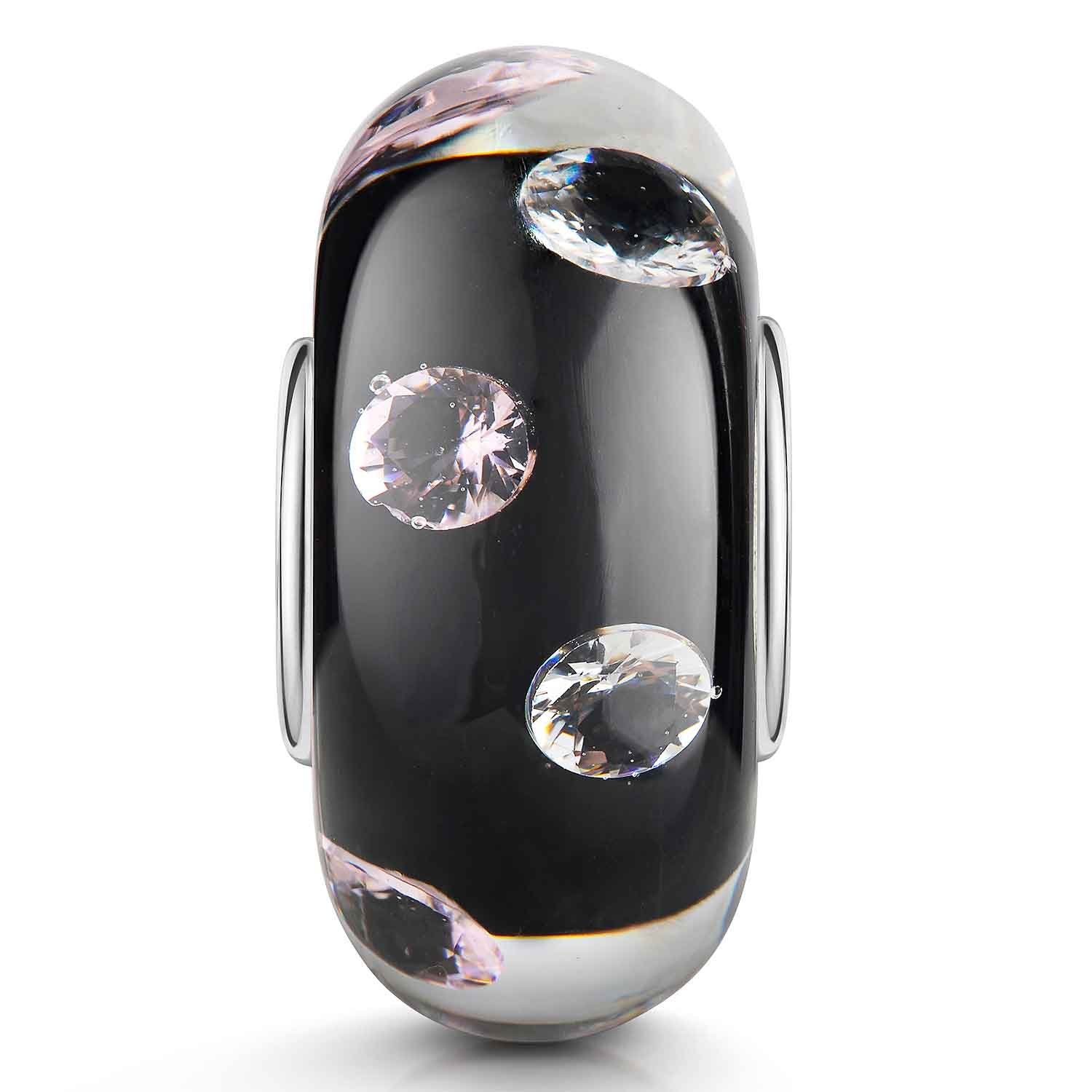 Materia Bead Glasperle Schwarz mit Zirkonia Weiß Rosa 1180, Kern aus 925 Sterling Silber