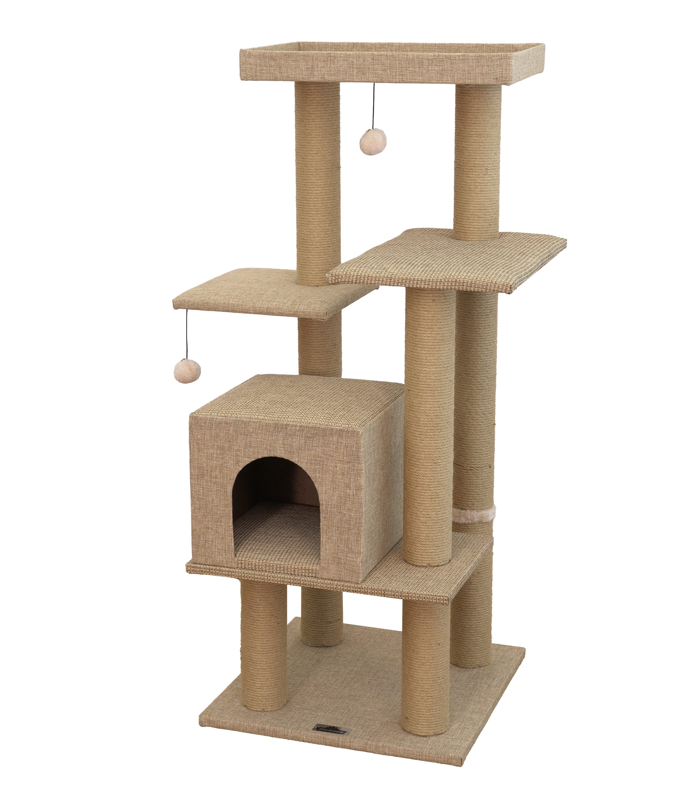 Dehner Kratzbaum Nele, ca. 122 x 50 x 50 cm, Jute, beige, robuster Kletterbaum auf fünf Ebenen mit integriertem Katzenspielzeug
