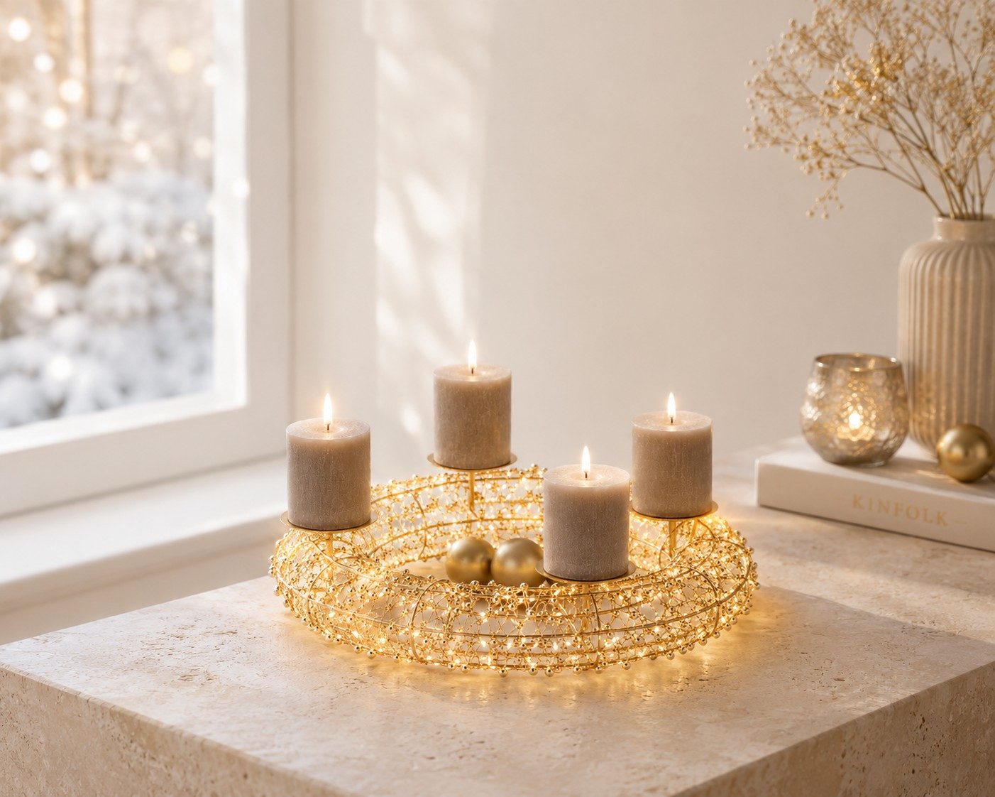 Wurm Adventskranz LED Adventskranz Gold Ø 30 cm mit 150 LEDs und 4 Kerzentellern