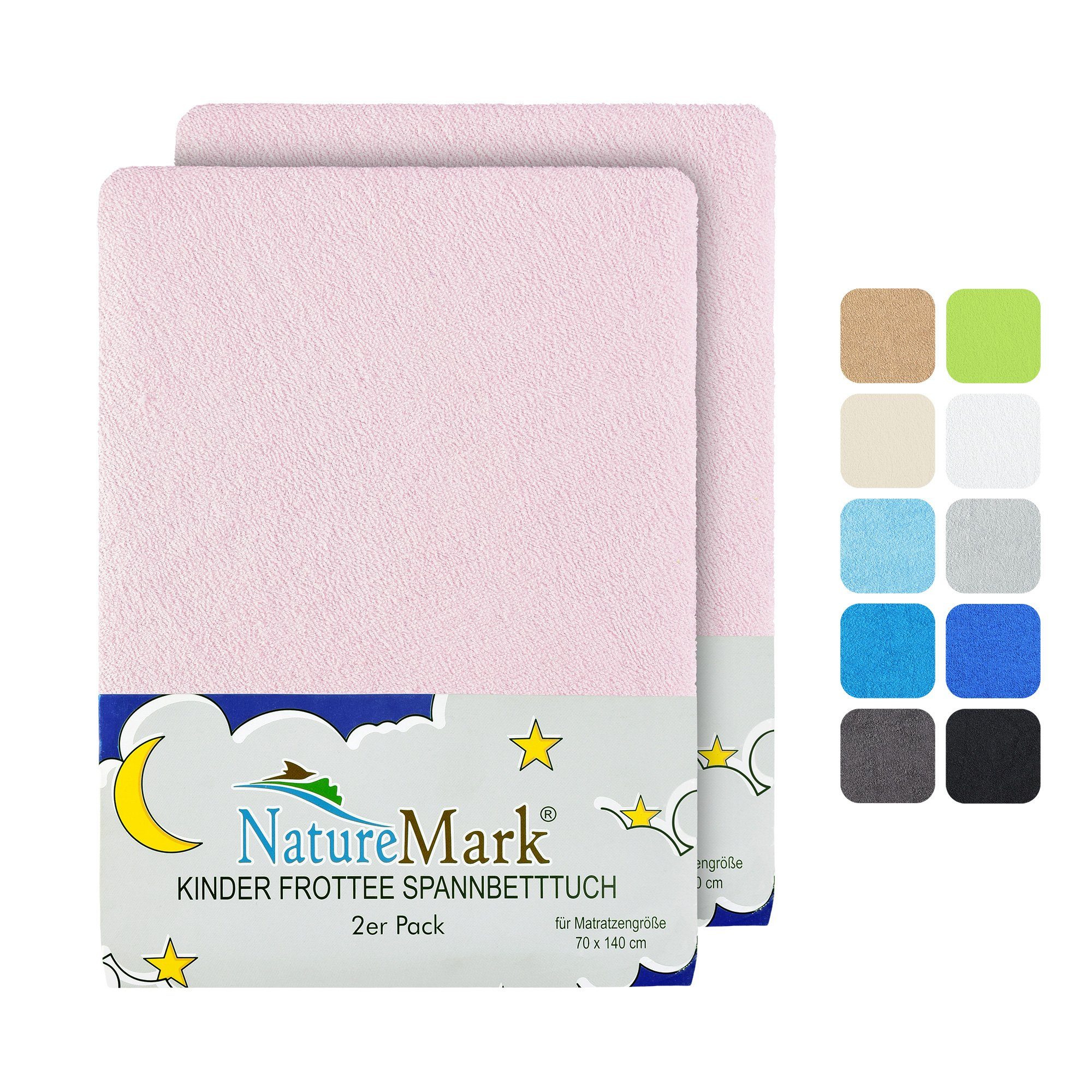 Spannbettlaken Frottee Spannbettlaken, NatureMark, 80% Baumwolle / 20% Polyester, Gummizug: rundum, (2 Stück), 2er Set Kinder Spannbettlaken Frottee, Spannbetttuch 80% Baumwolle / 20% Polyester, für Babybett und Kinderbett, 70x140 cm - Rosa