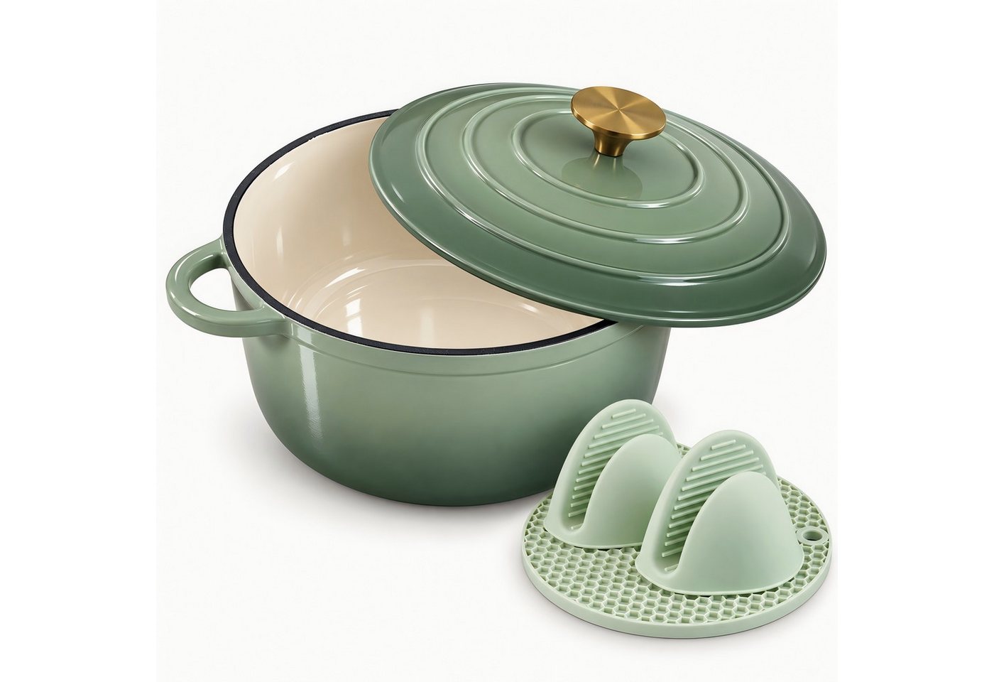 Zedelmaier Bräter Gusseisen Topf 22/24/26/28cm Incl. Silikon Topflappen Topfuntersetzer, (Set, 1 Pot mit 1 lid, 2 Ofenhandschuhe, 1 Topfuntersetzer), Backofengeeignet Induktionsgeeignet Zum Braten, Schmoren, Kochen