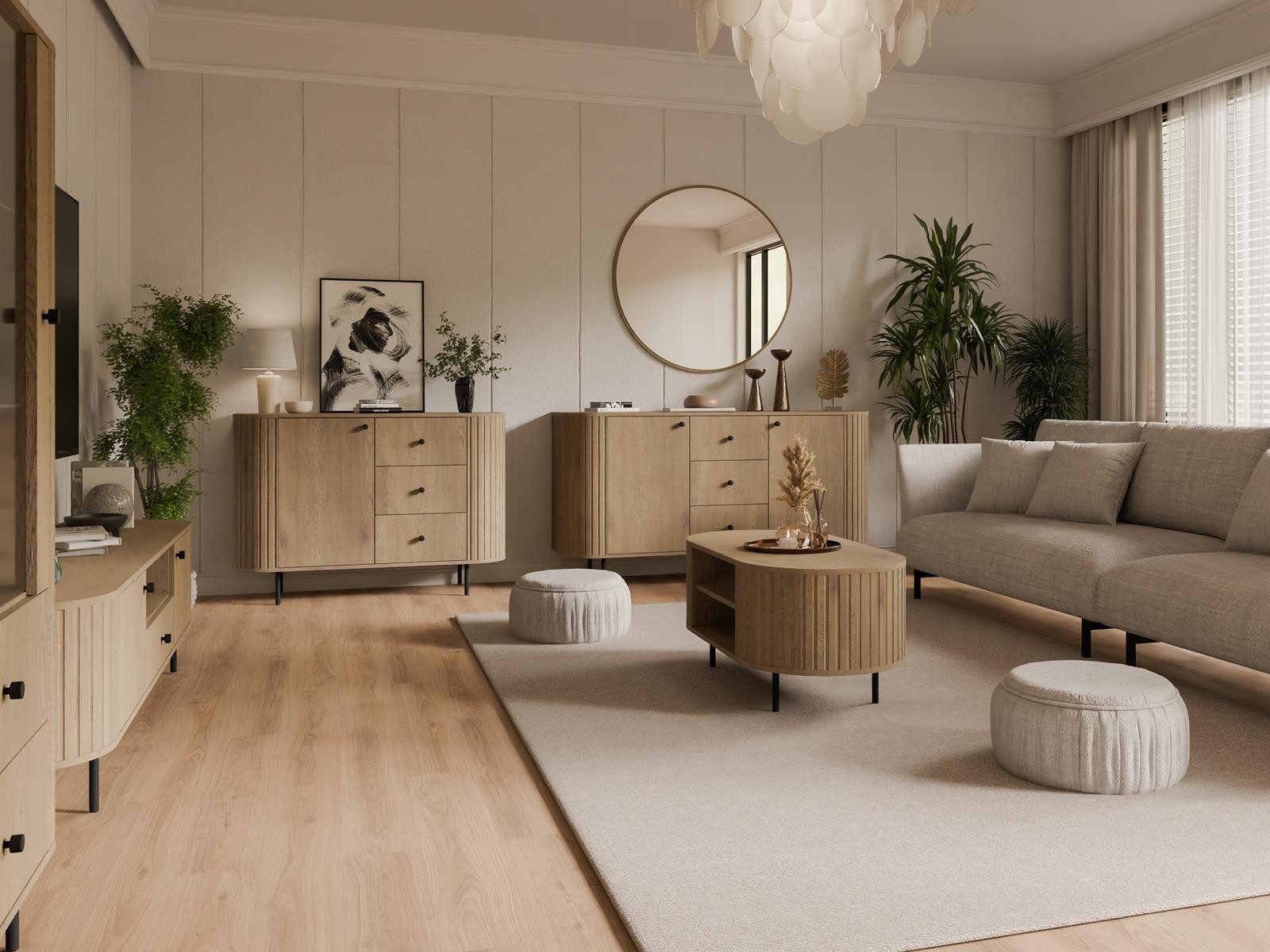 Compleo Standvitrine mit 2 Schubladen und Türen ZANTO Elegant design TOPSELLER Eiche cremona oder Beige