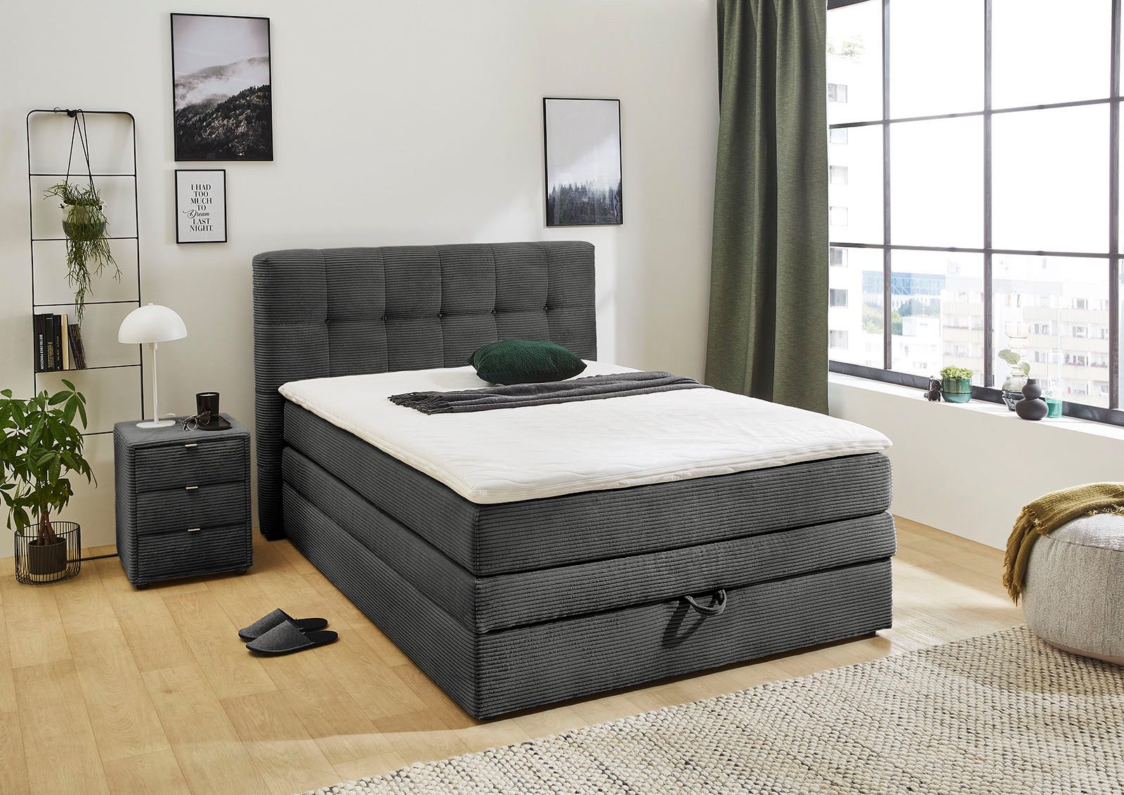Jockenhöfer Gruppe Boxspringbett AMY mit Bettkasten, inkl. Bonnell- oder Taschenfederkernmatratze H2-H4, mit 6 cm Kaltschaum-Topper, Cord-Bezug, 120x200 und 140x200 cm
