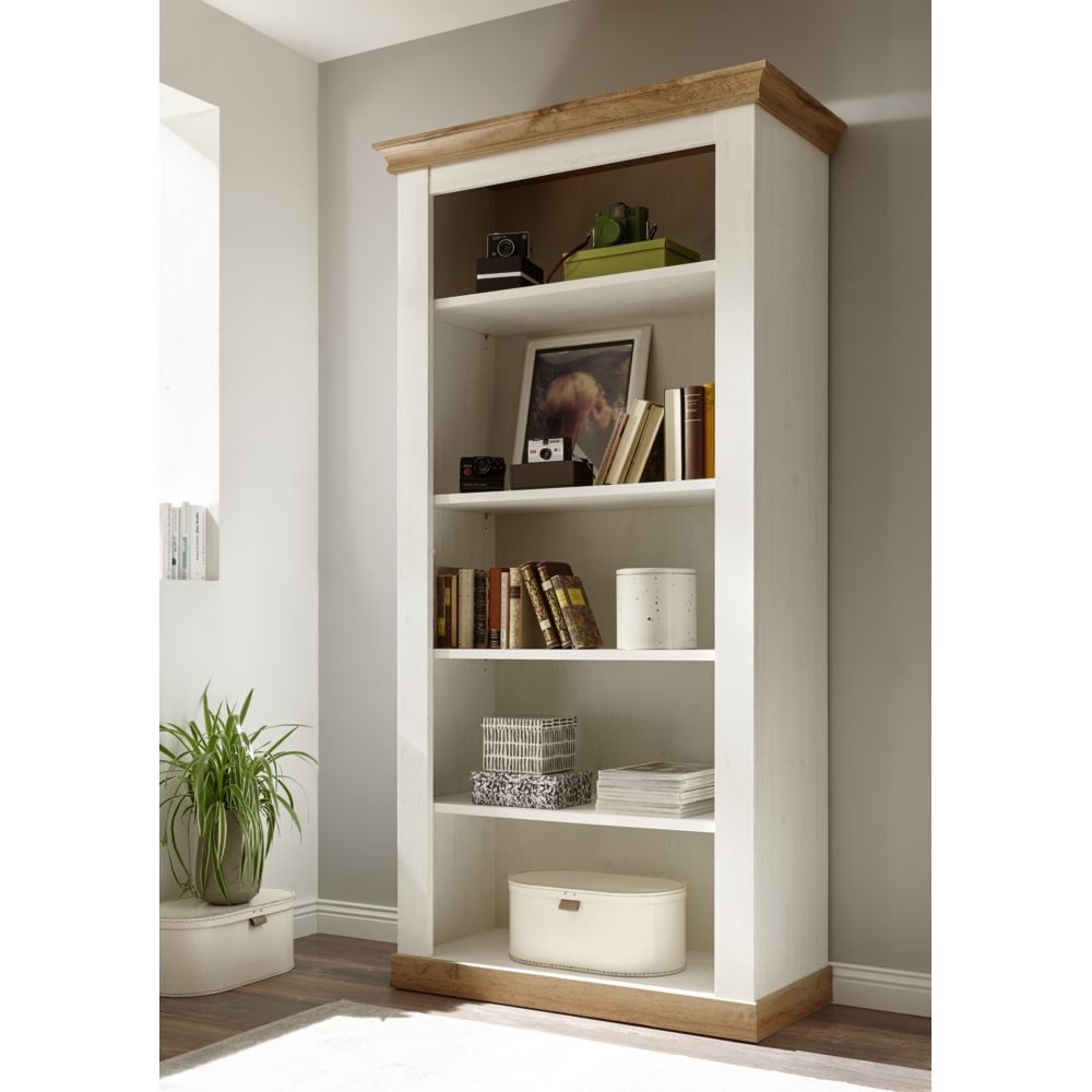 Lomadox Bücherregal LINARES-61, Pinie weiß / Wotan Eiche Nb. mit 6 Fächern - 102/204/44 cm
