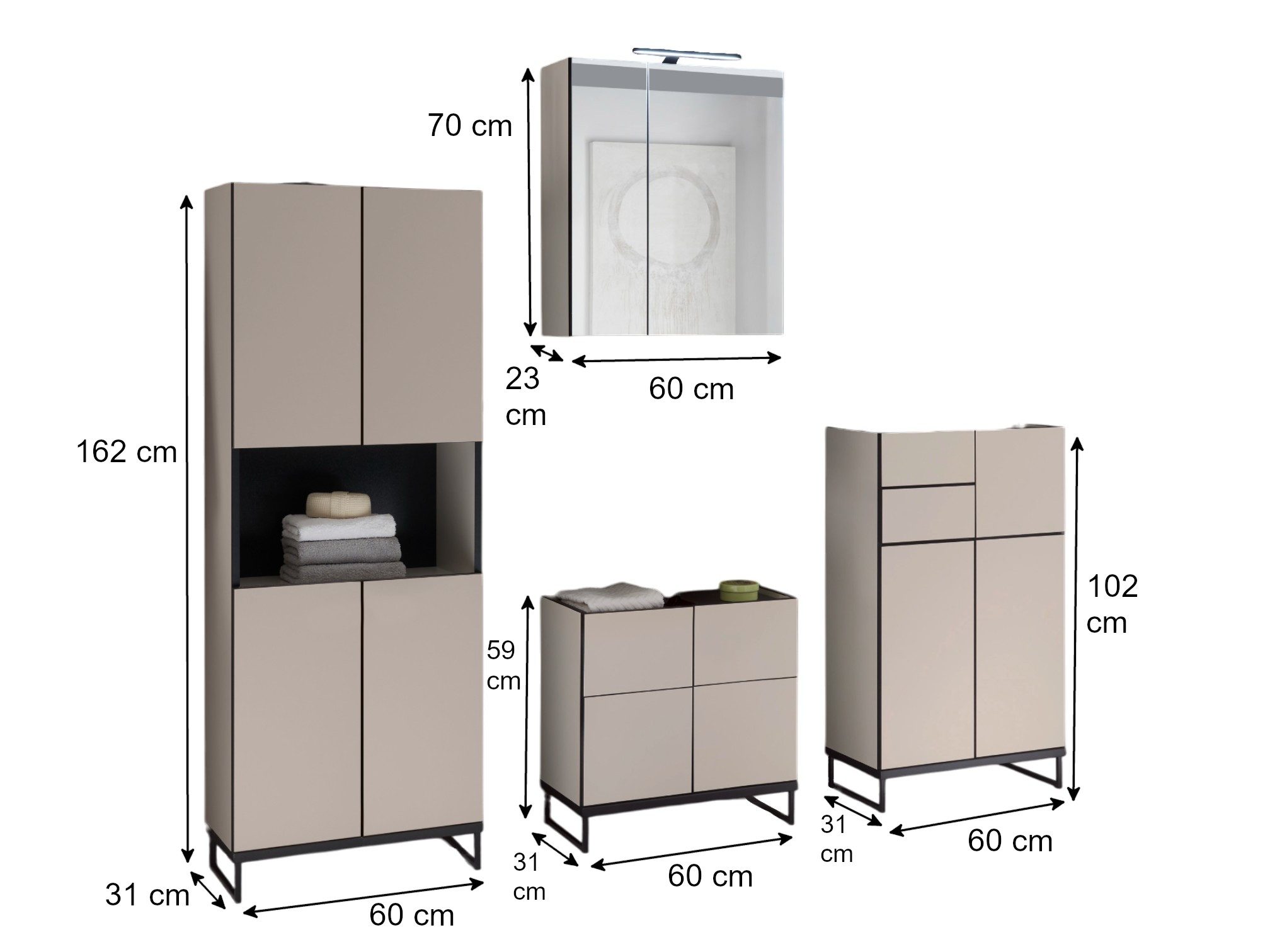 moebel-dich-auf Badmöbel-Set VENEZIA, (inklusive LED-Beleuchtung, kaschmir Spiegelschrank WBU optional mit Hoch-/Highboard), Metall Füße