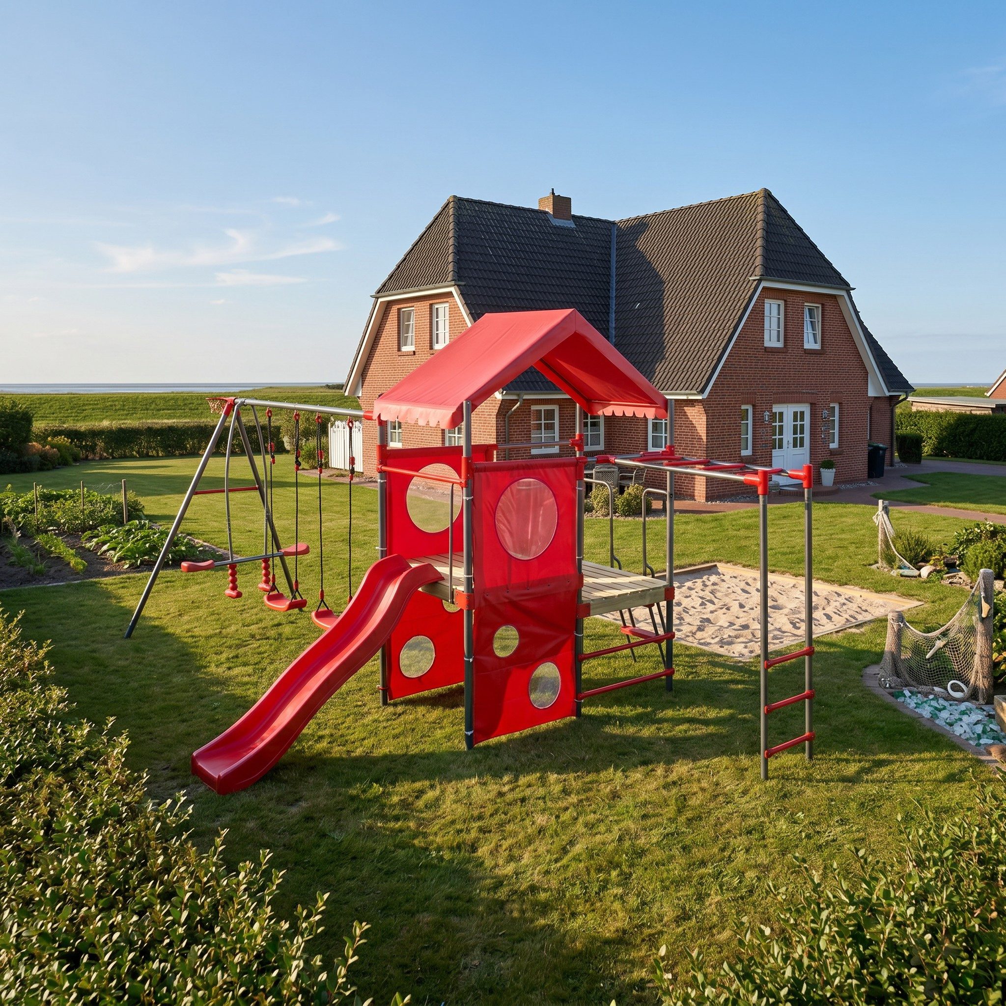 Spielturm Kinderspielplatz Metall rot zum Schaukeln, Klettern, Wippen #4540