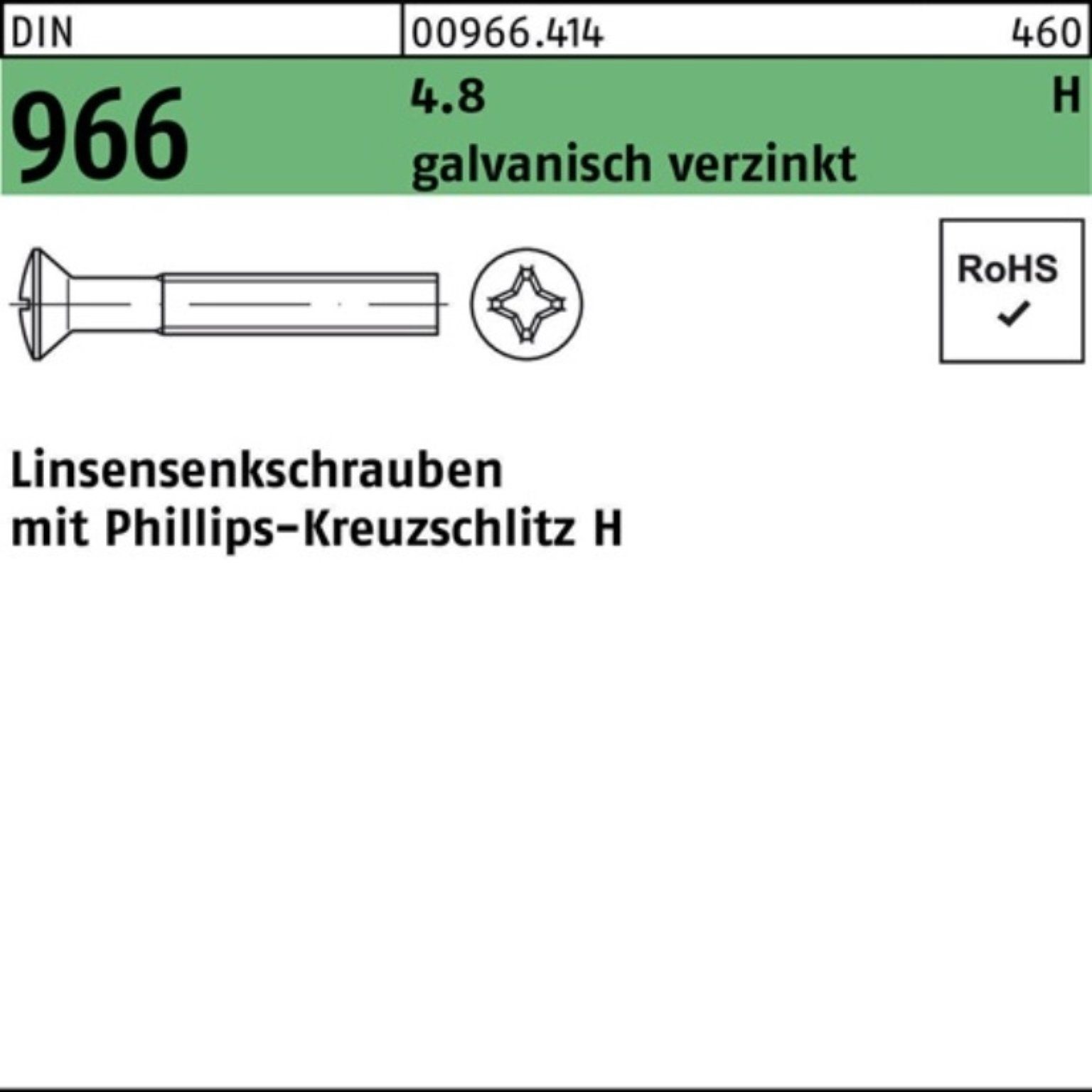 Reyher 966 4.8 Kreuzschlitz PH 100er Linsenschraube M8x45-H Pack Linsensenkschraube galv DIN