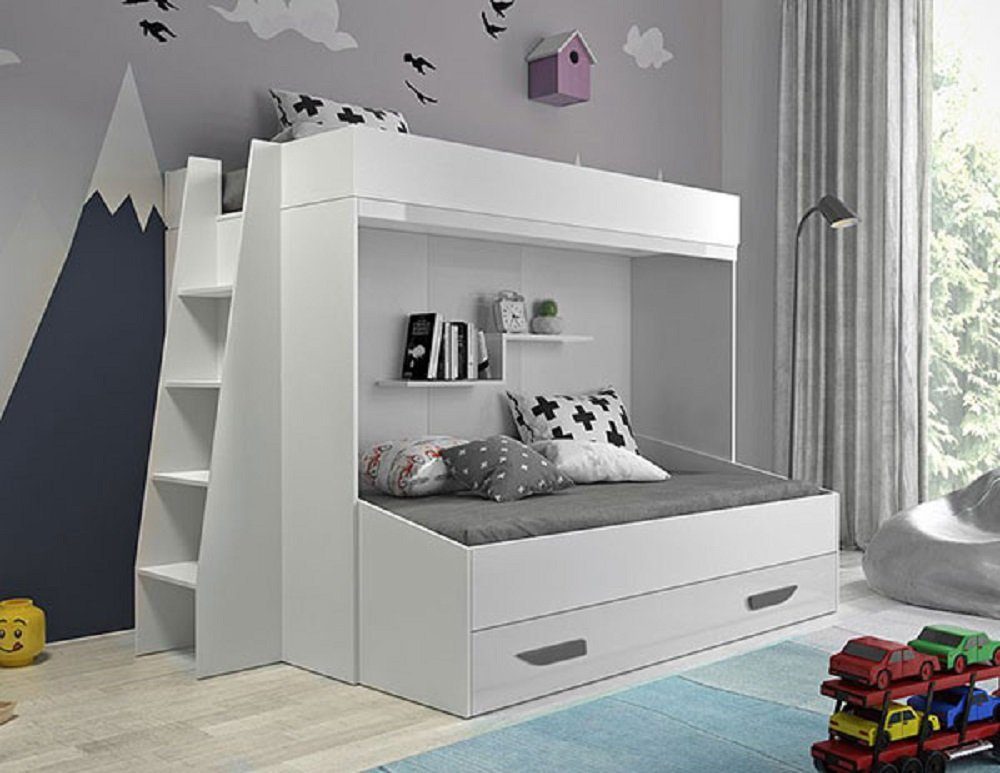 Feldmann-Wohnen Hochbett PARTY (Etagenbett, mit Bettschublade) Farbe wählbar weiß / weiß Hochglanz - Griffe grau