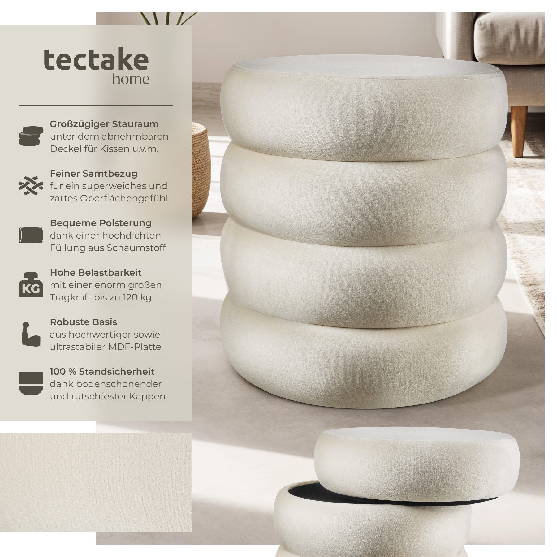 tectake Sitzhocker Schminkhocker Altu, gepolstert, Stauraum, 42 x 42 x 47 c günstig online kaufen