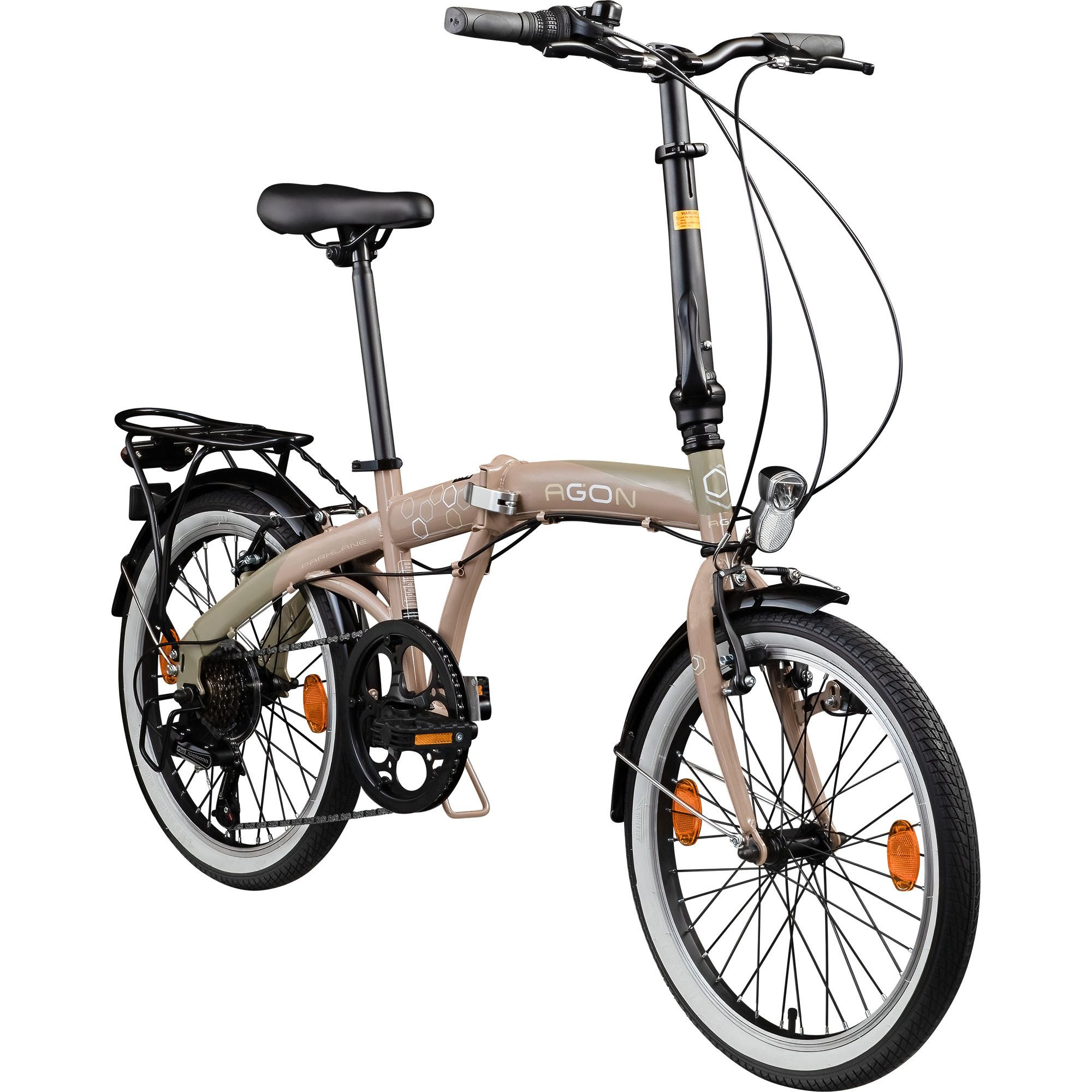 agon® Faltrad Parklane, 6 Gang Shimano Tourney SIS Schaltwerk, Kettenschaltung, 20 Zoll Klapprad 150 - 185 cm mit StVZO Licht Faltrad City Urban Bike