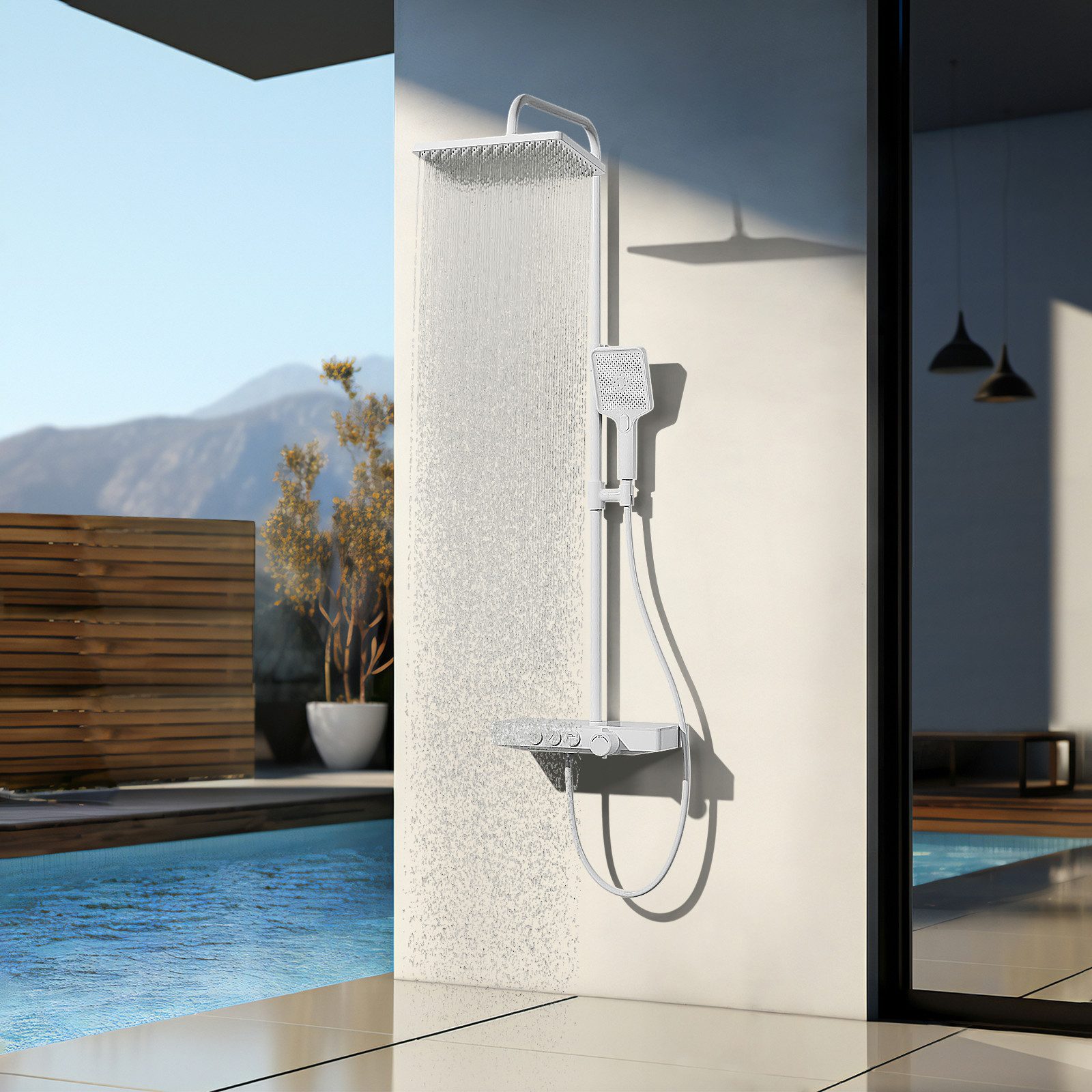 EMKE Duschsystem mit Thermostat Regendusche und Ablage Brausegarnitur Schwarz, 3 Strahlart(en), Höhe 118cm, große Kopfbrause, Thermostat-Set mit 45cm Ablage