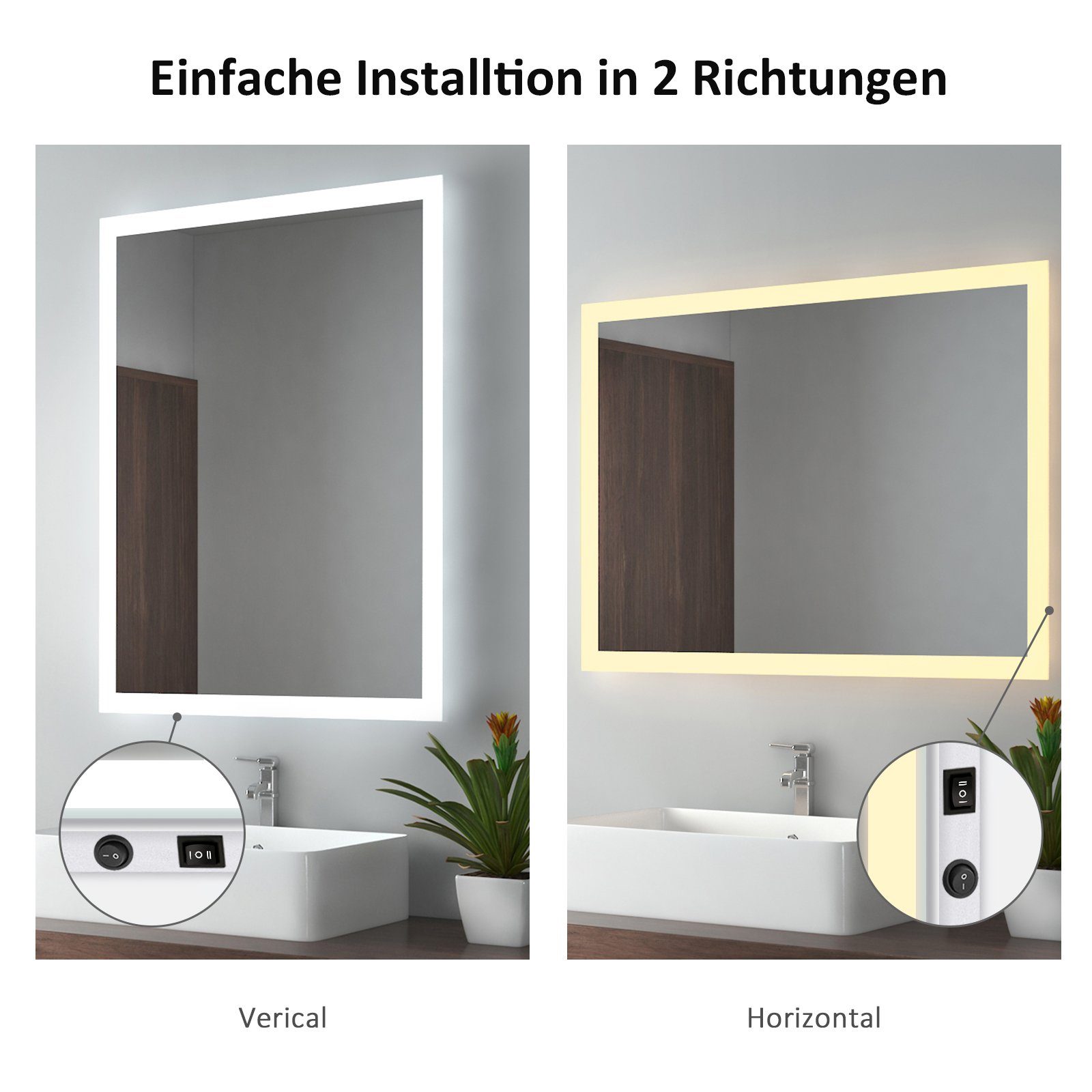 Lichtfarbe mit Badspiegel Beleuchtung Beschlagfrei, mit 2 EMKE Warmweiß/Kaltweiß Badezimmerspiegel LED Badspiegel Wandspiegel,