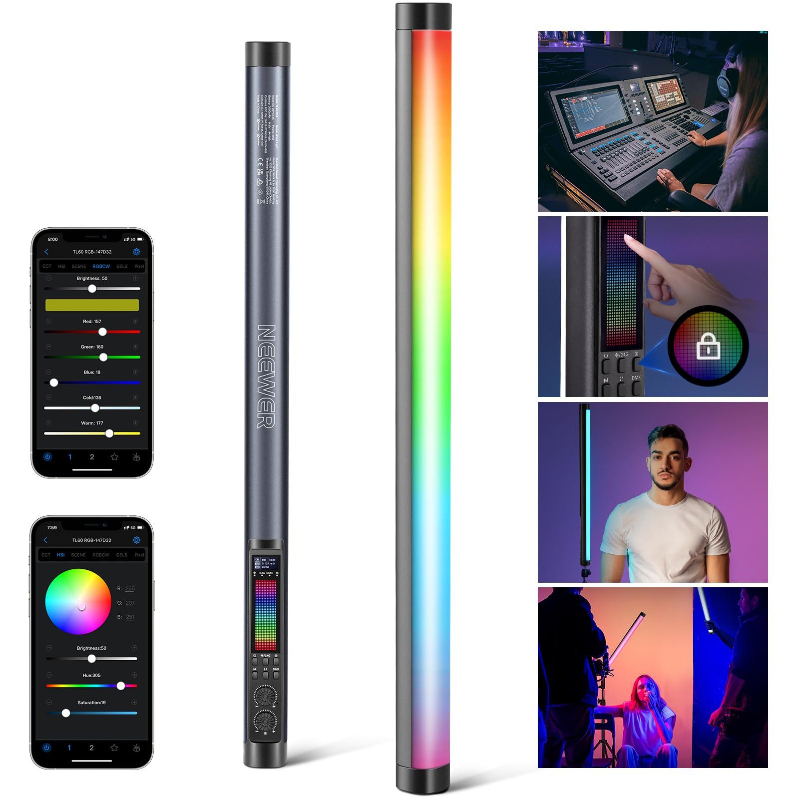 Neewer Videoleuchte TL60 RGB Lichtstab, 20W Vollfarbe RGBWW, APP/2,4 GHz/DMX-Steuerung, 2500-10000K, LED Videolicht Wand Tube Stick für Studio Fotografie