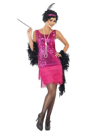Smiffys Kostüm Pink Flapper 20er Jahre Kleid, Rosafarbenes Abendkleid für Damen der Goldenen 20er