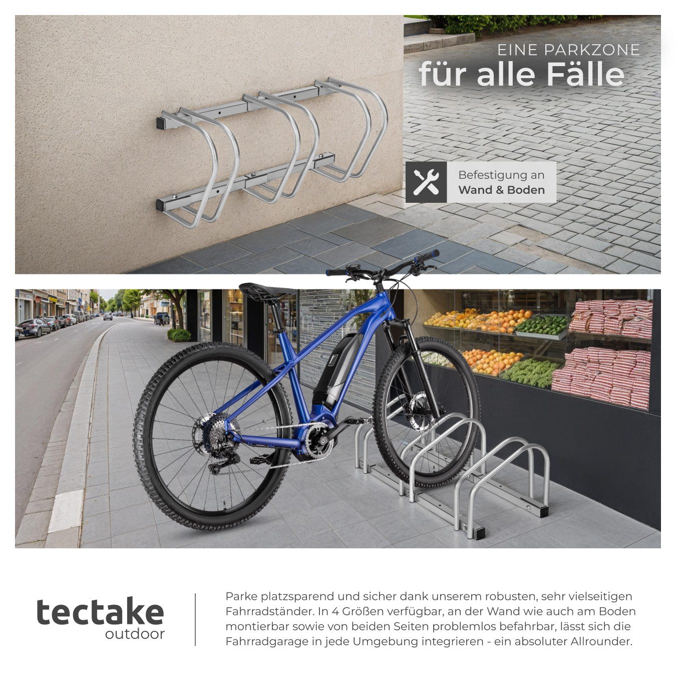 tectake Fahrradständer Fahrradhalter aus rostfreiem Stahl für Reifenbreiten von 35 - 60 mm, Boden- und Wandmontage, von beiden Seiten befahrbar